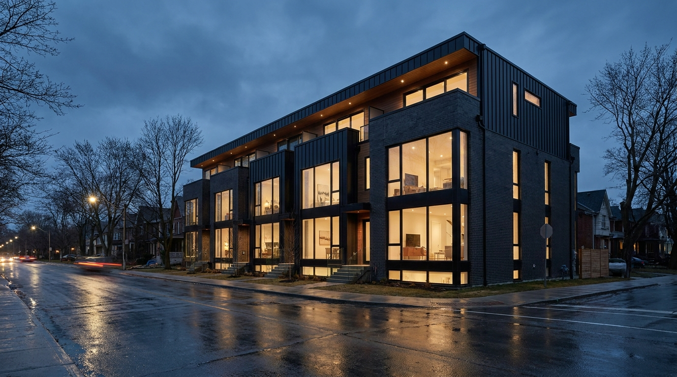 Modern fourplex at dusk