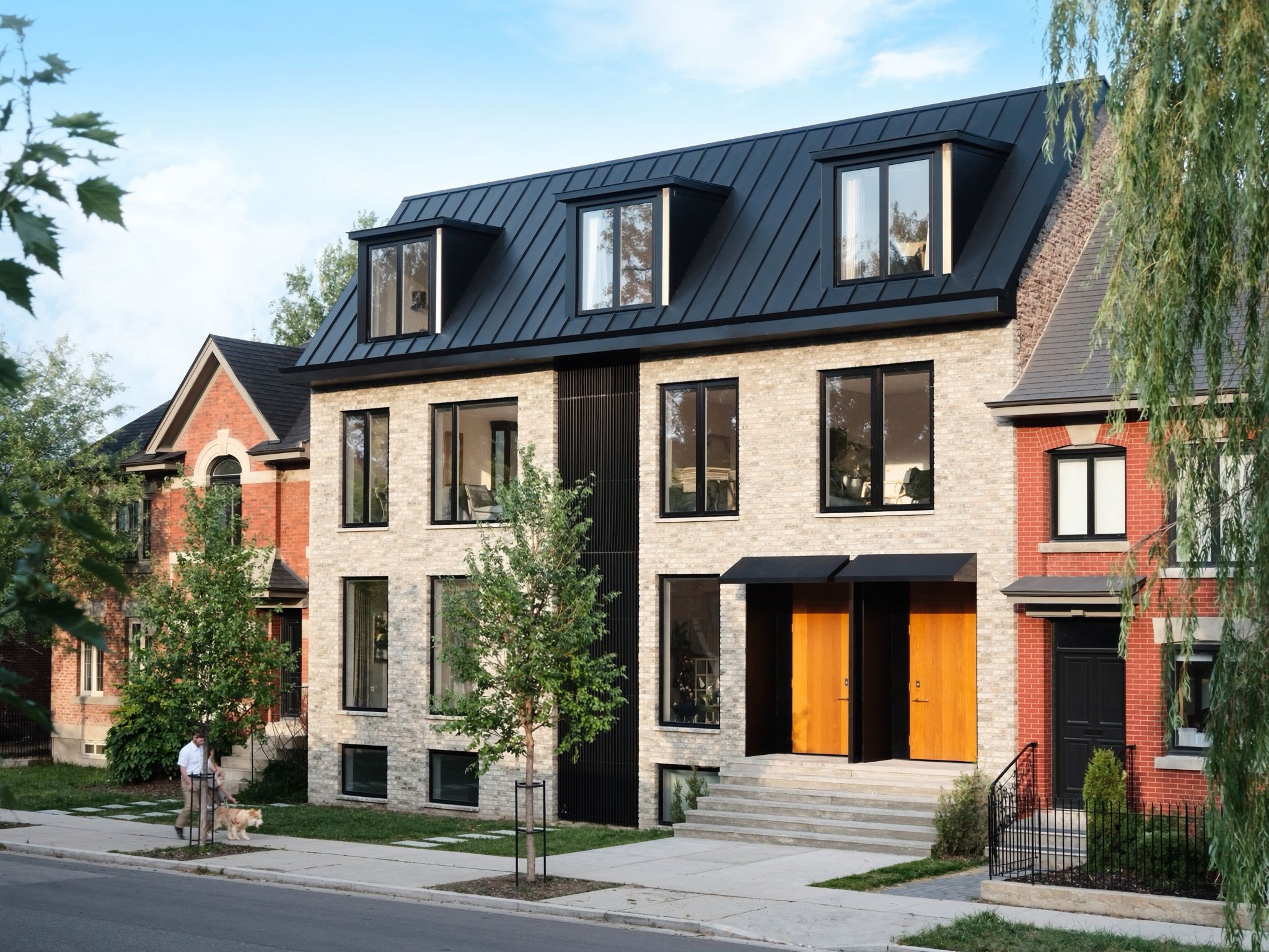 Roncesvalles — buff brick fourplex row with black mansard roof