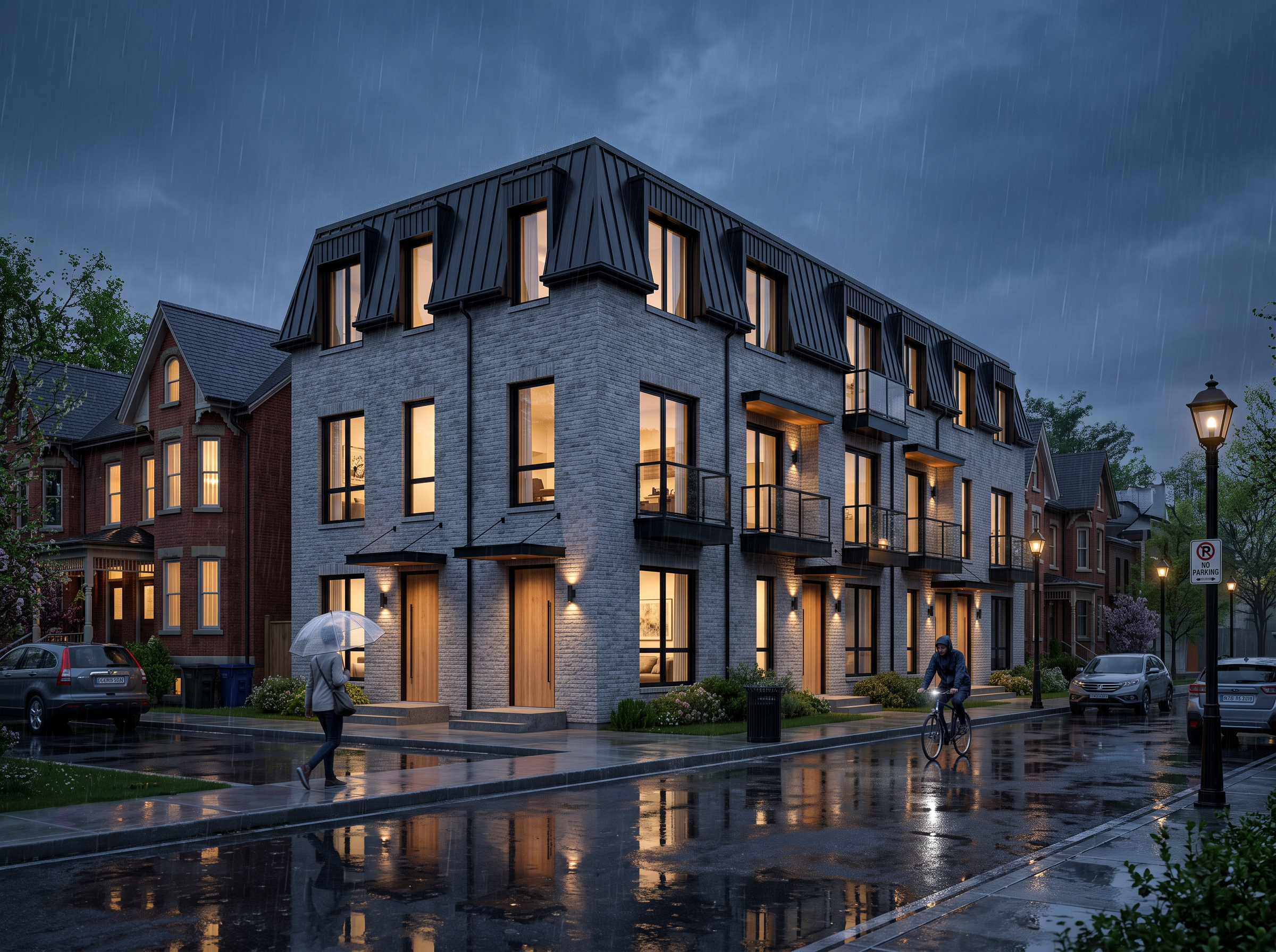 Evening exterior of a finished Plexworks building