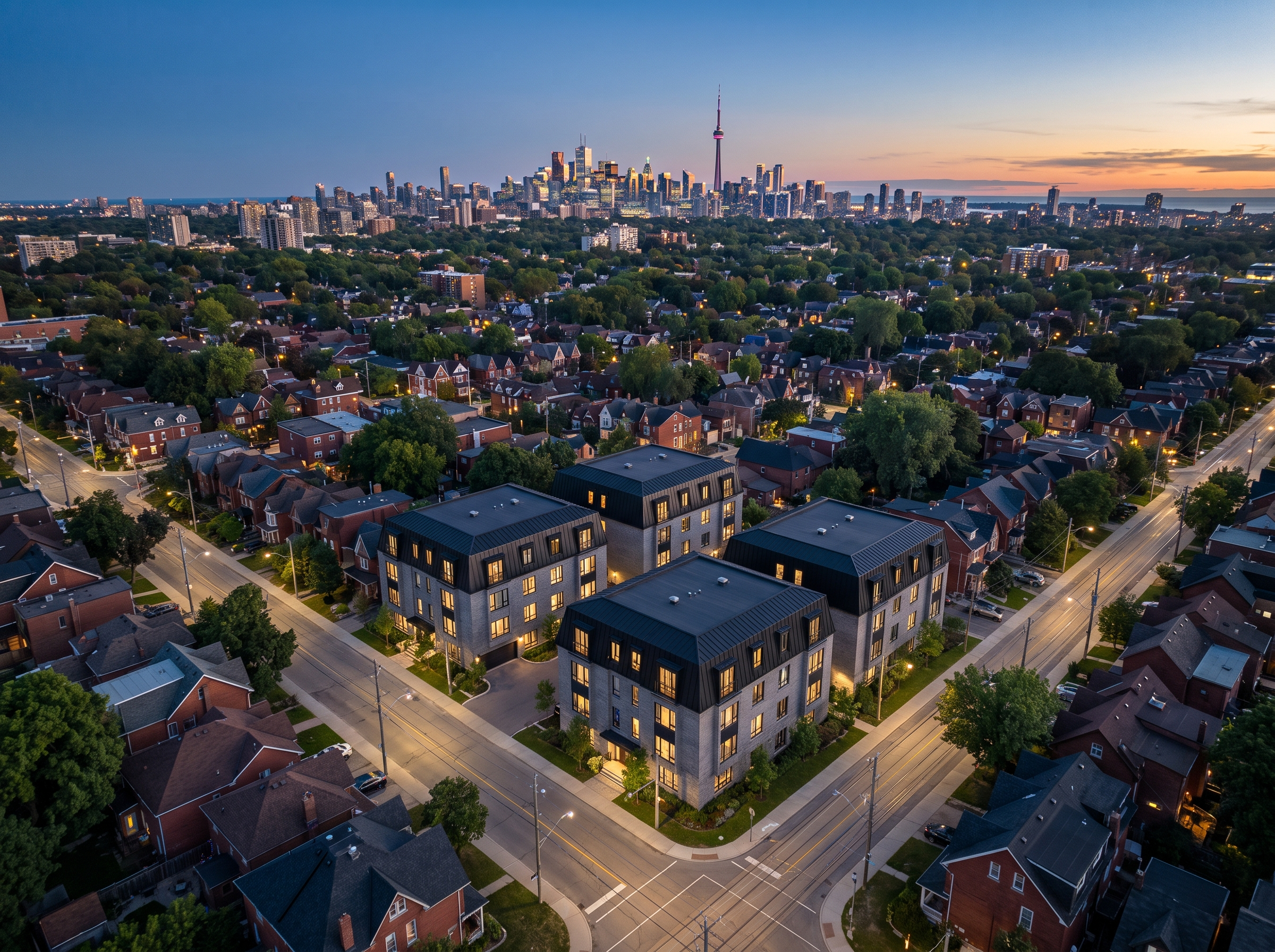 Cabbagetown — dusk aerial with the Toronto skyline