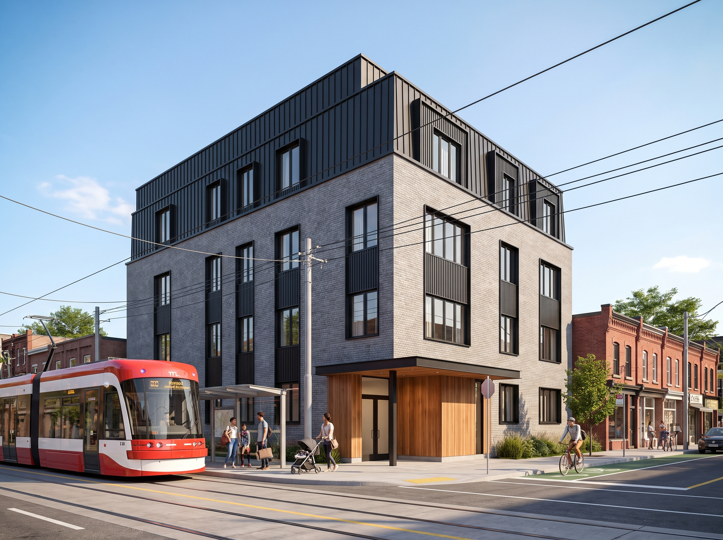 Roncesvalles — streetcar passing the corner multiplex