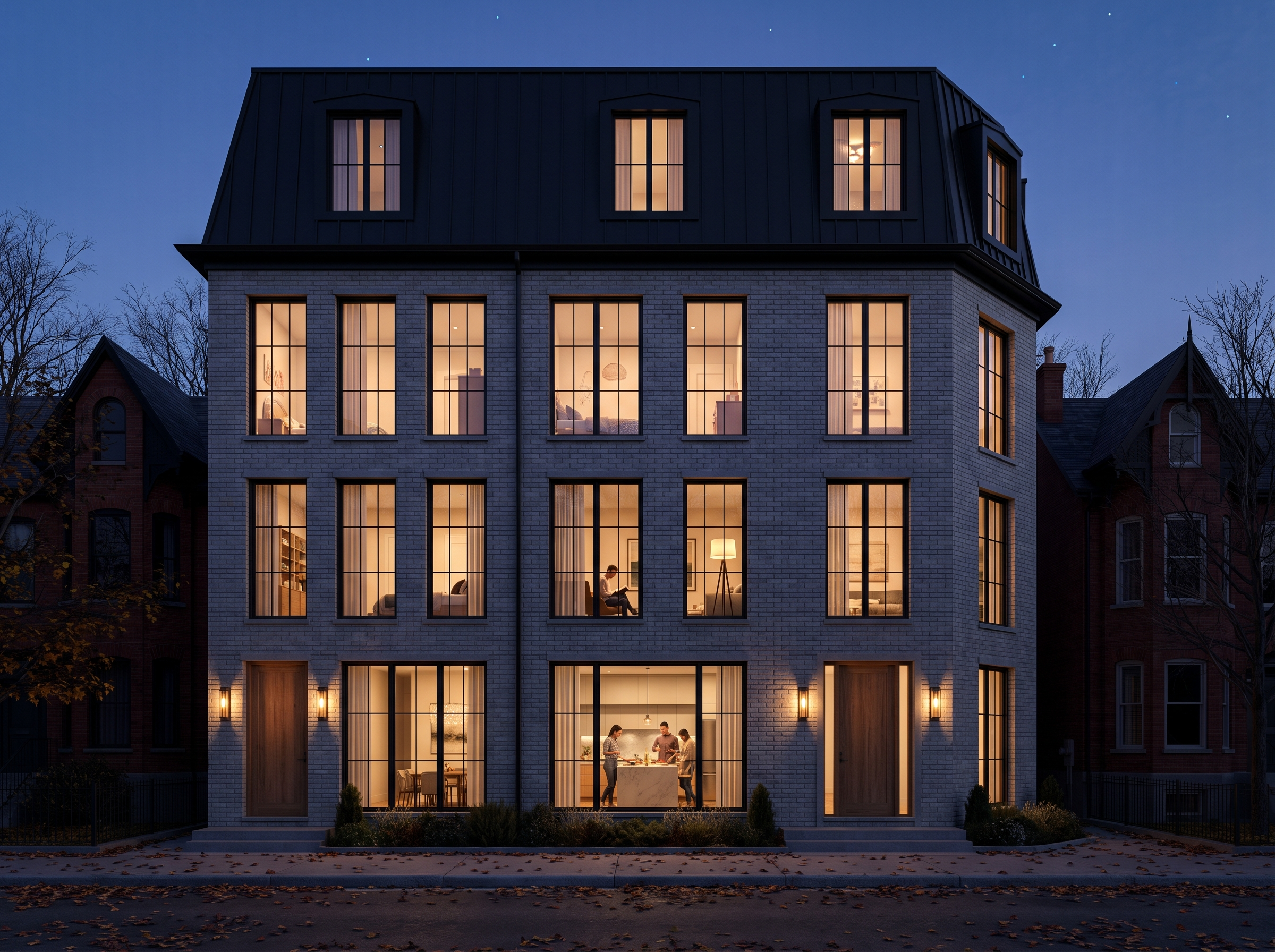 Cabbagetown — twilight elevation with warmly lit interiors