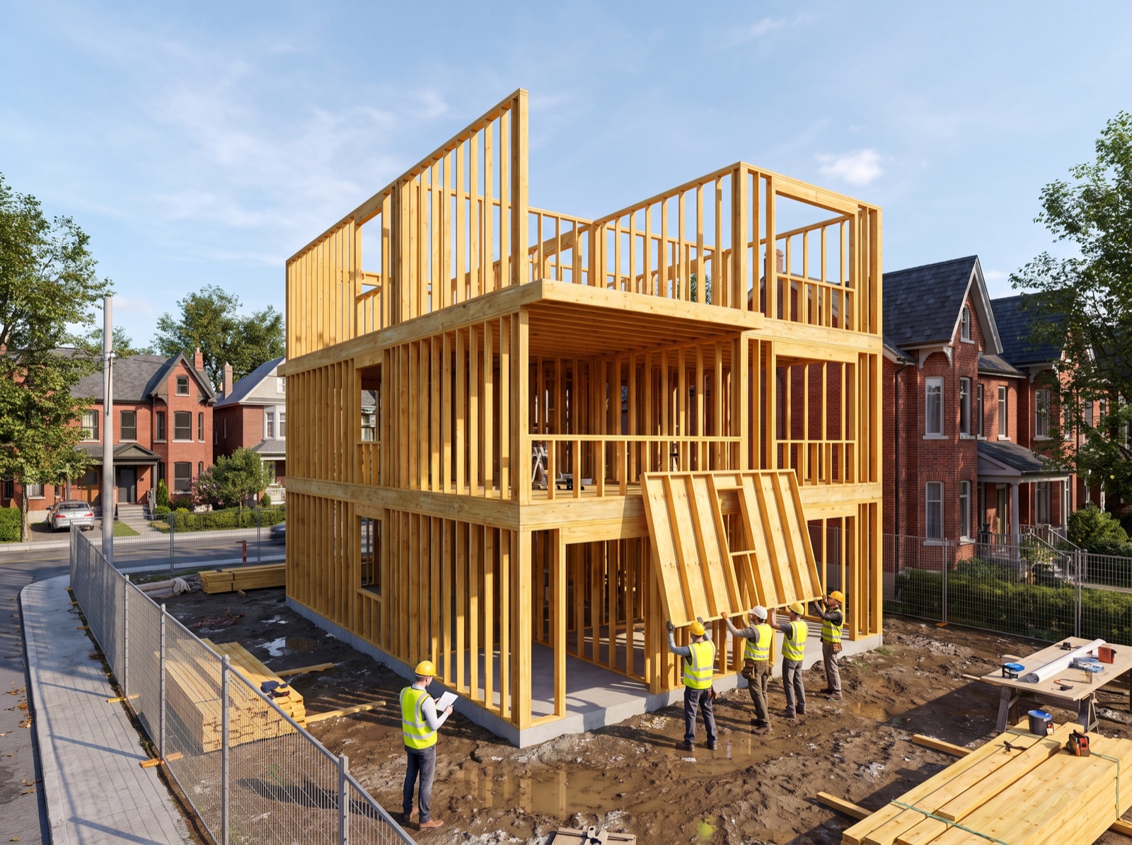 Plexworks crew raising a framed wall on a Toronto multiplex site