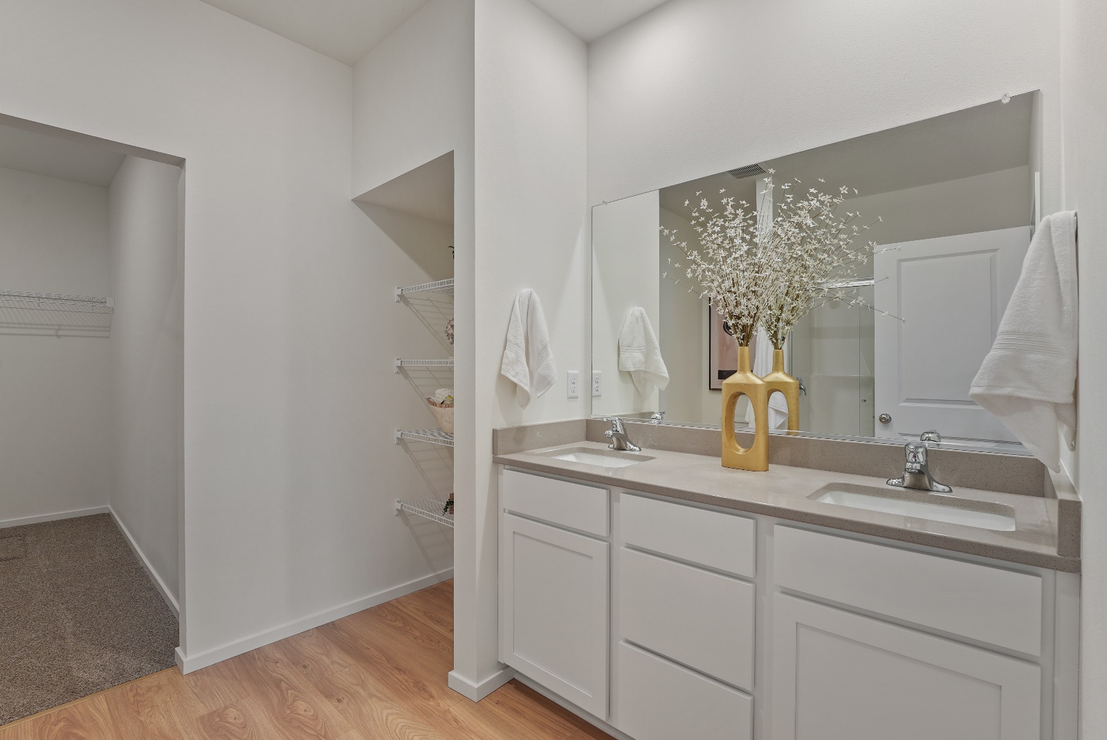 The primary bath from the bedroom doorway, showing the vanity, linen shelving, and the walk-in closet.