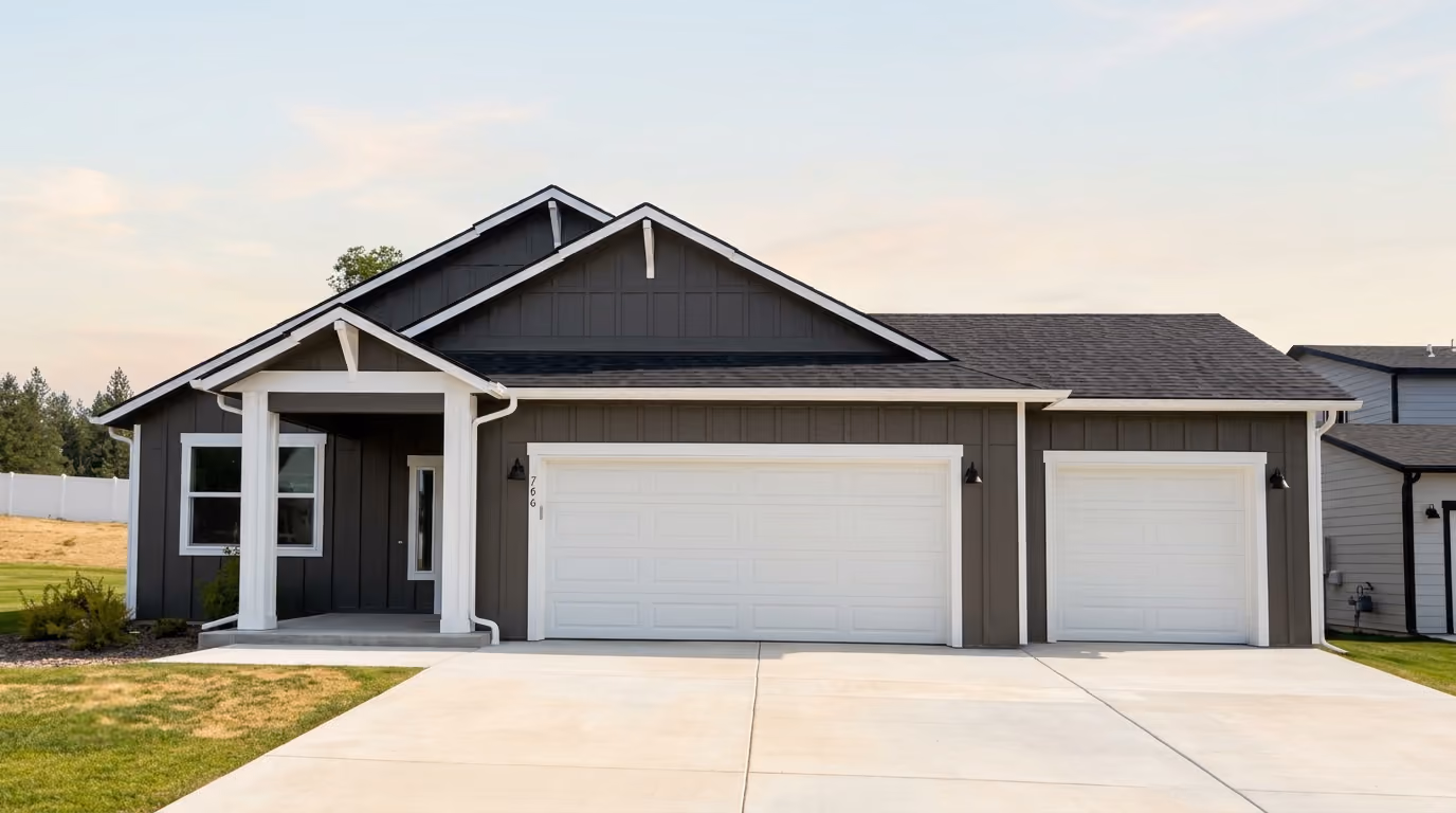 706 E 4th Street: a single-level craftsman in dark charcoal board-and-batten siding with white trim and posts, a gabled covered entry porch, and a three-car garage — a double bay and a single bay — off a wide concrete driveway.