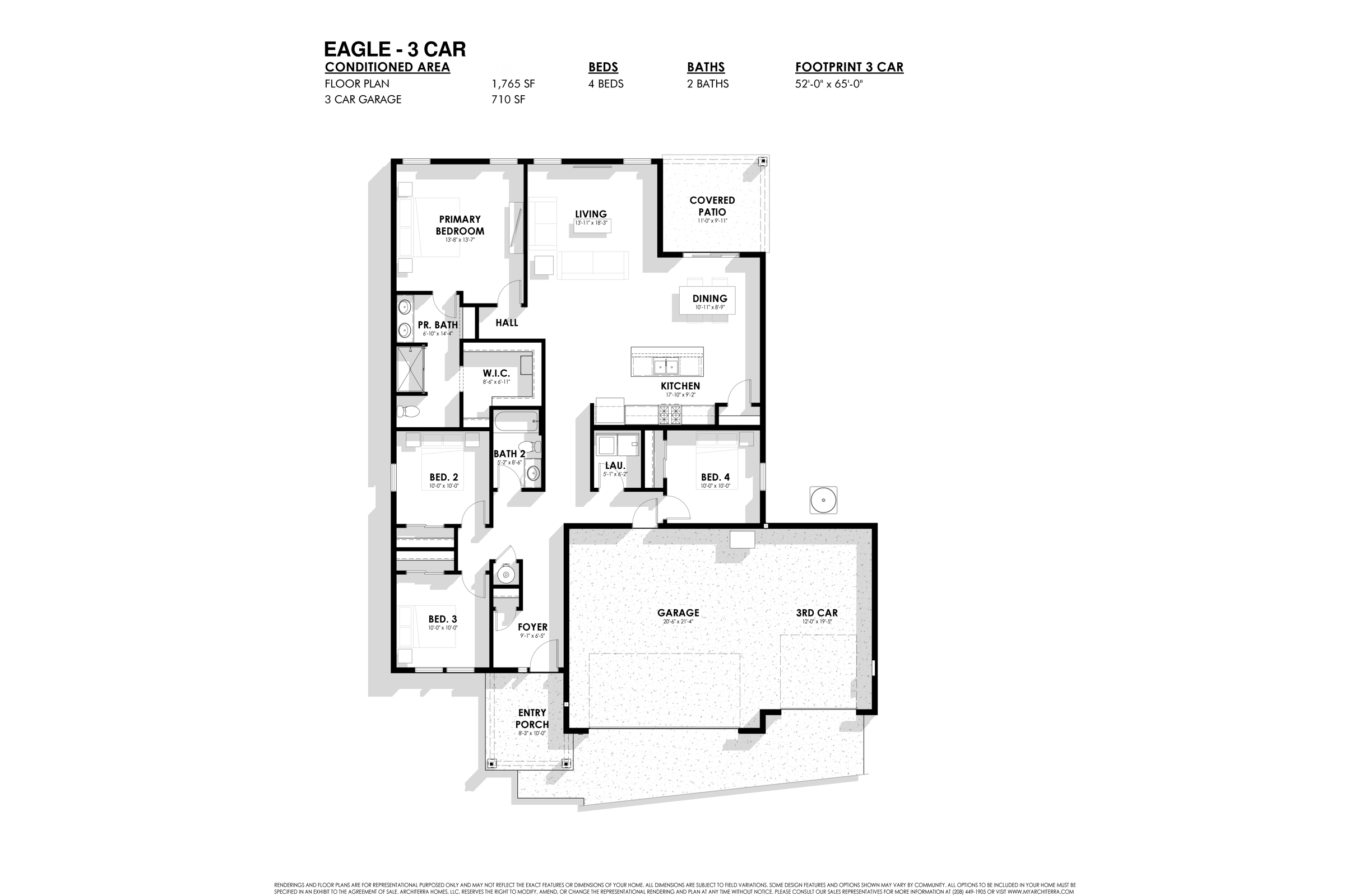 Eagle floor plan: 1,765 square feet, four bedrooms, three baths, three-car garage.