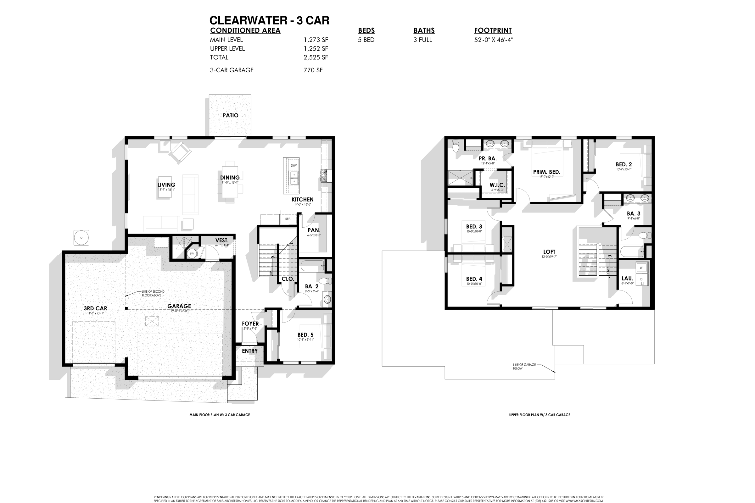 Clearwater floor plan: five bedrooms over two floors, three full baths, a loft, second-floor laundry, and a three-car garage.
