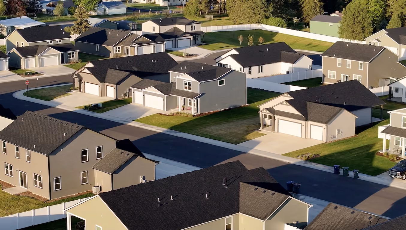 Aerial view of a new-construction neighborhood of single-family homes with three-car garages.