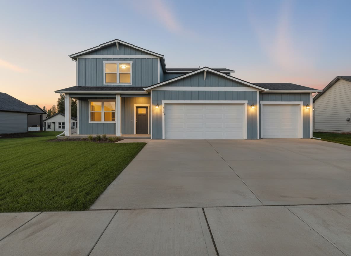 A newly built home at dusk, porch and windows lit, with a three-car garage.