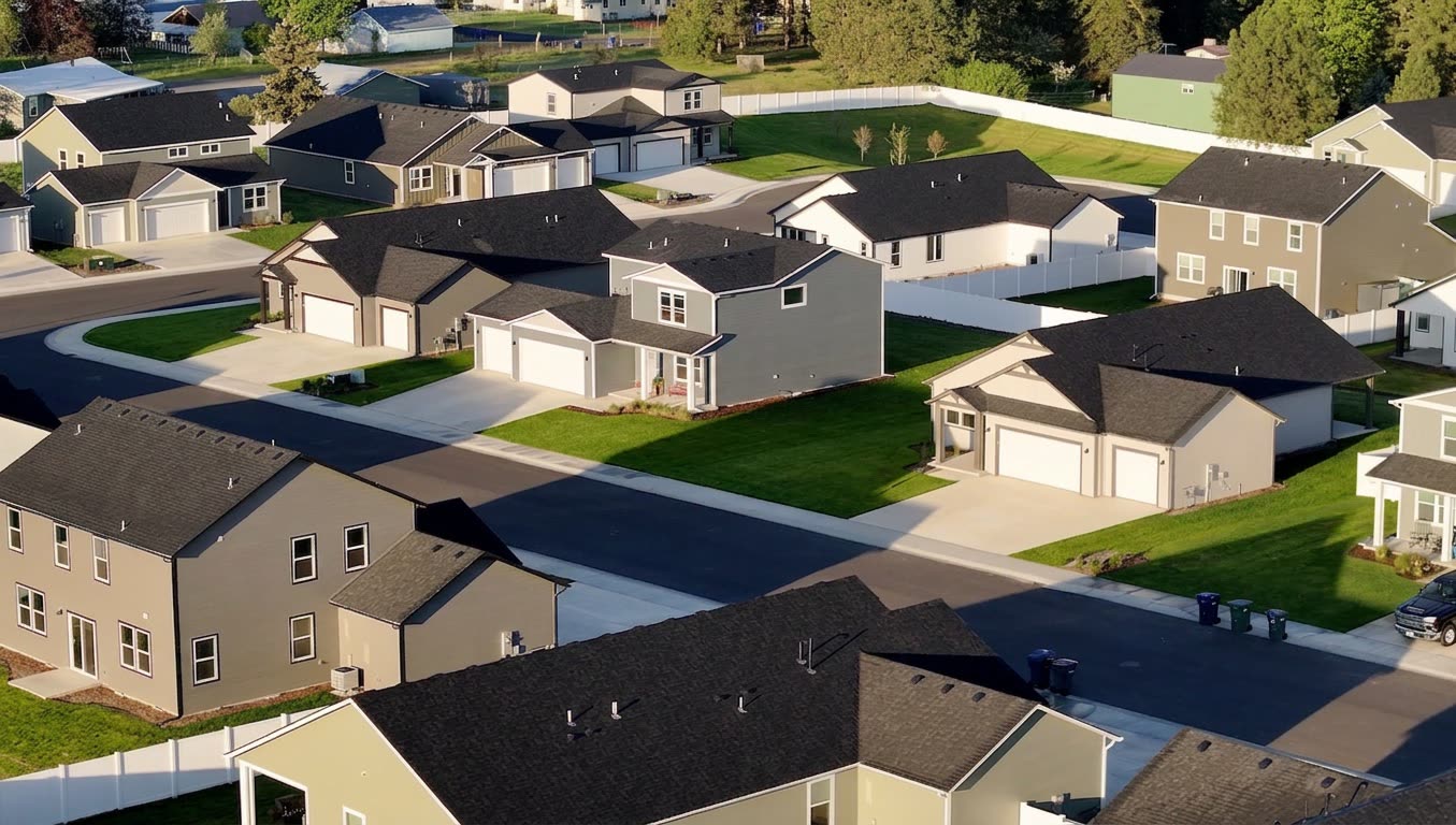 Aerial view of a new-construction neighborhood of single-family homes with three-car garages and mown lawns.