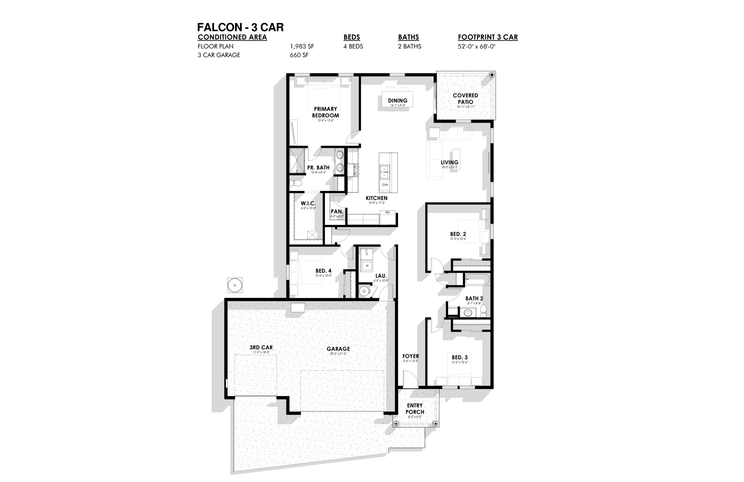 Falcon floor plan: 1,983 square feet, four bedrooms, two baths, three-car garage, covered patio off the dining room.