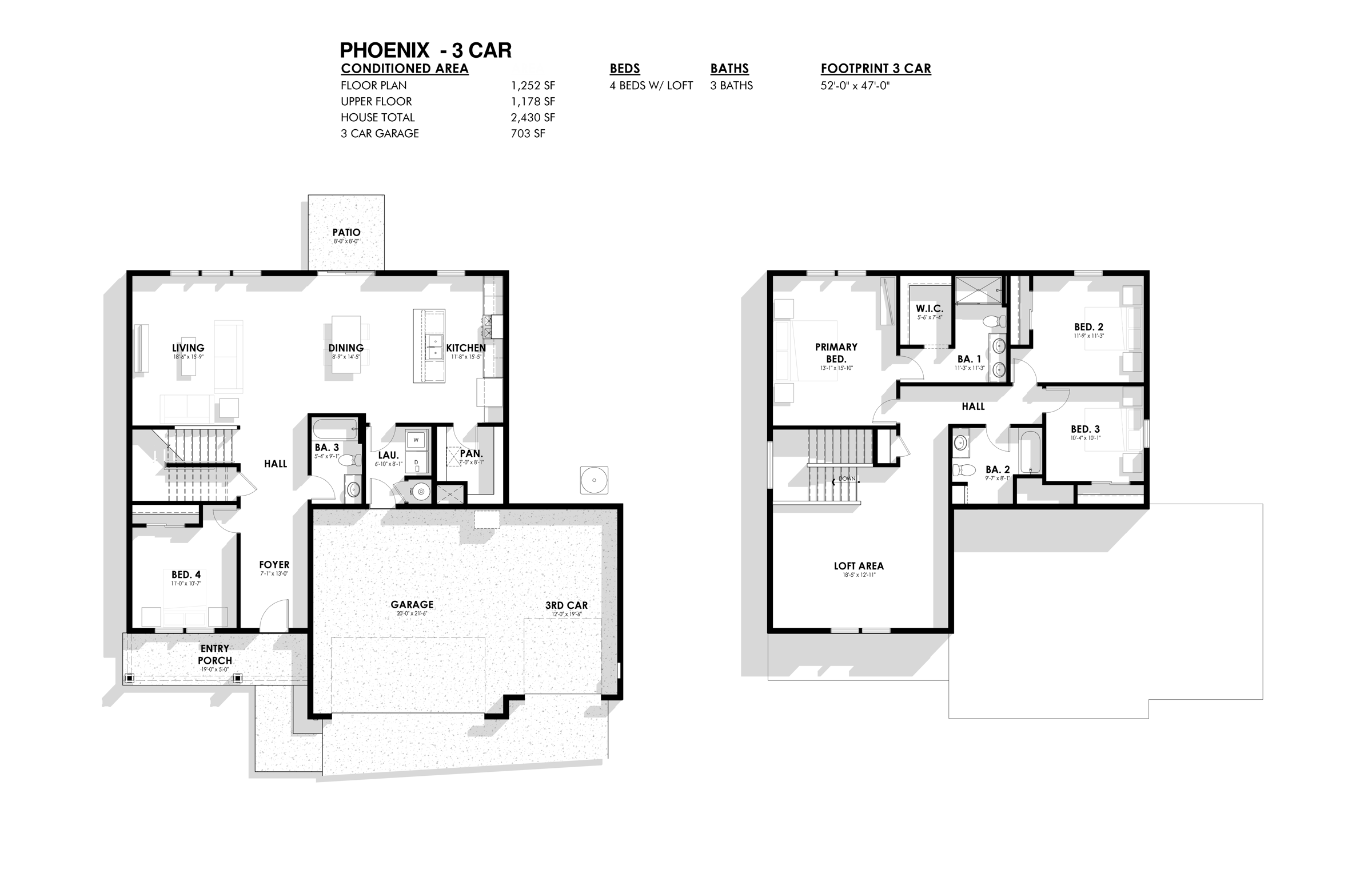 Phoenix floor plan: 2,430 square feet over two floors, four bedrooms plus a loft, three baths, three-car garage.