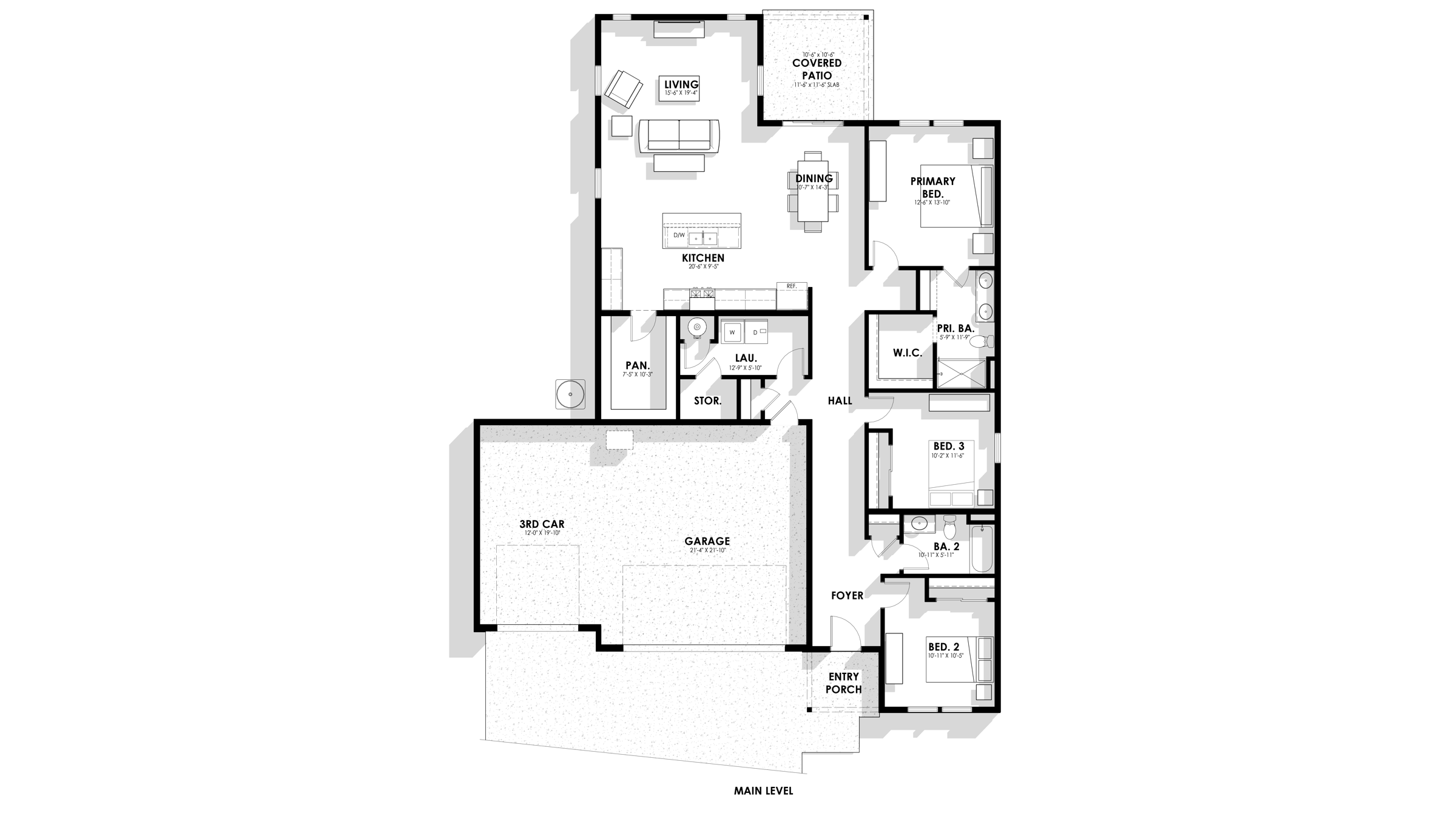 Clark Fork floor plan: three bedrooms, two baths, a walk-in pantry, a three-car garage, and a covered patio off the dining room.