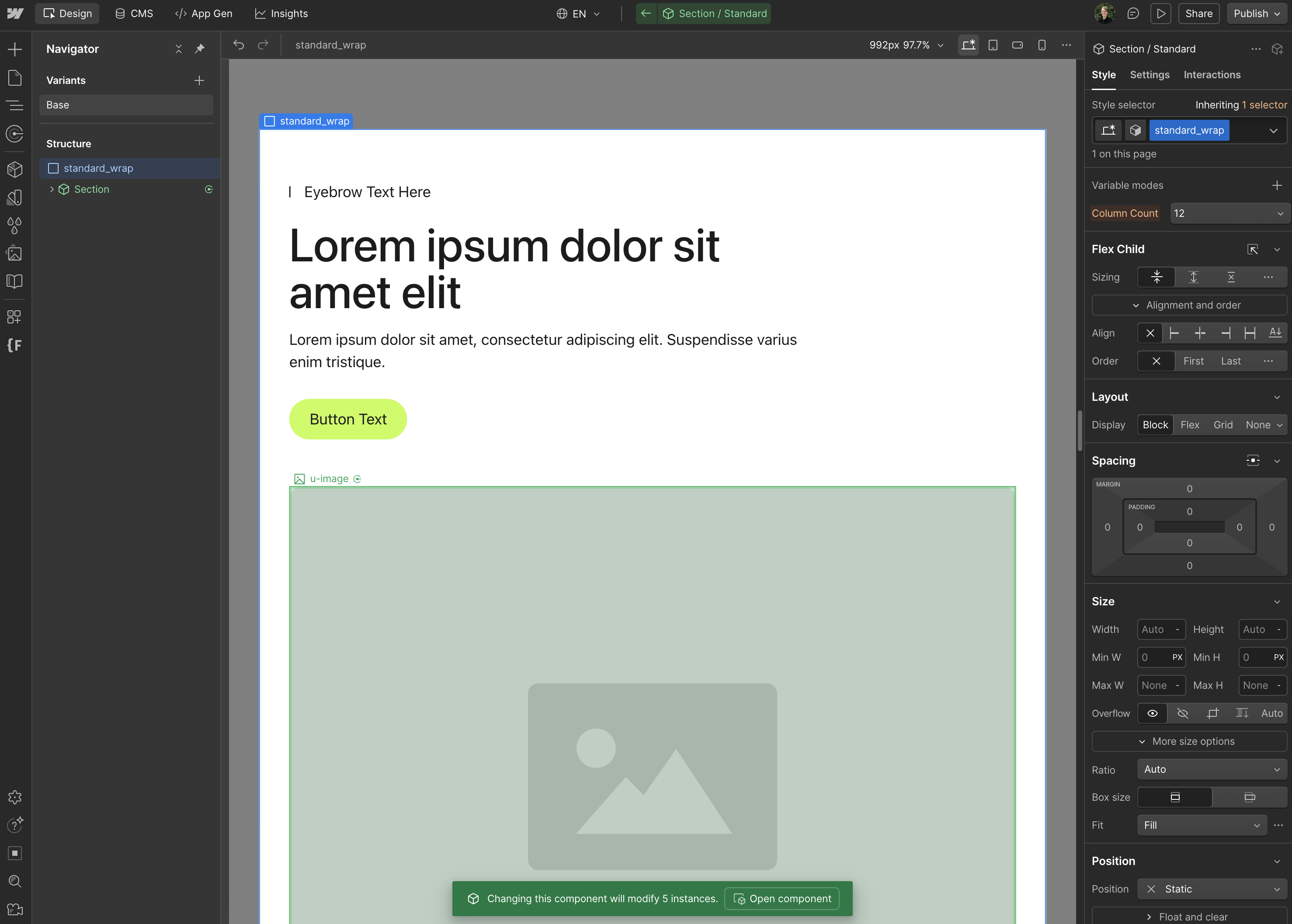 Example component editing in the designer