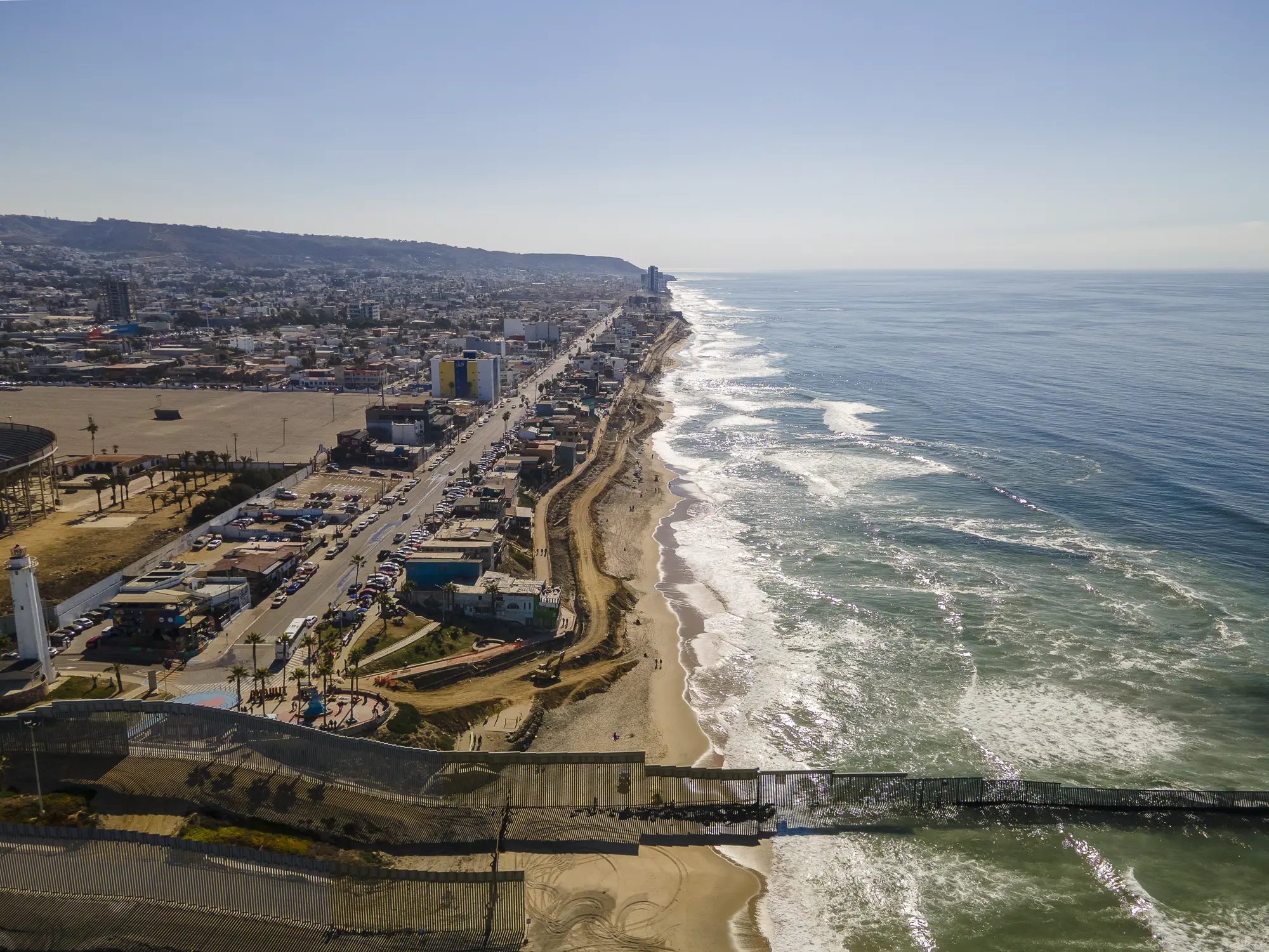 Aerial view of border gate at the US-Mexico border.