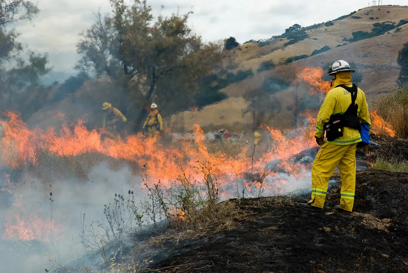 Firefighter stands near flames and smoke during a controlled burn on a hillside.
