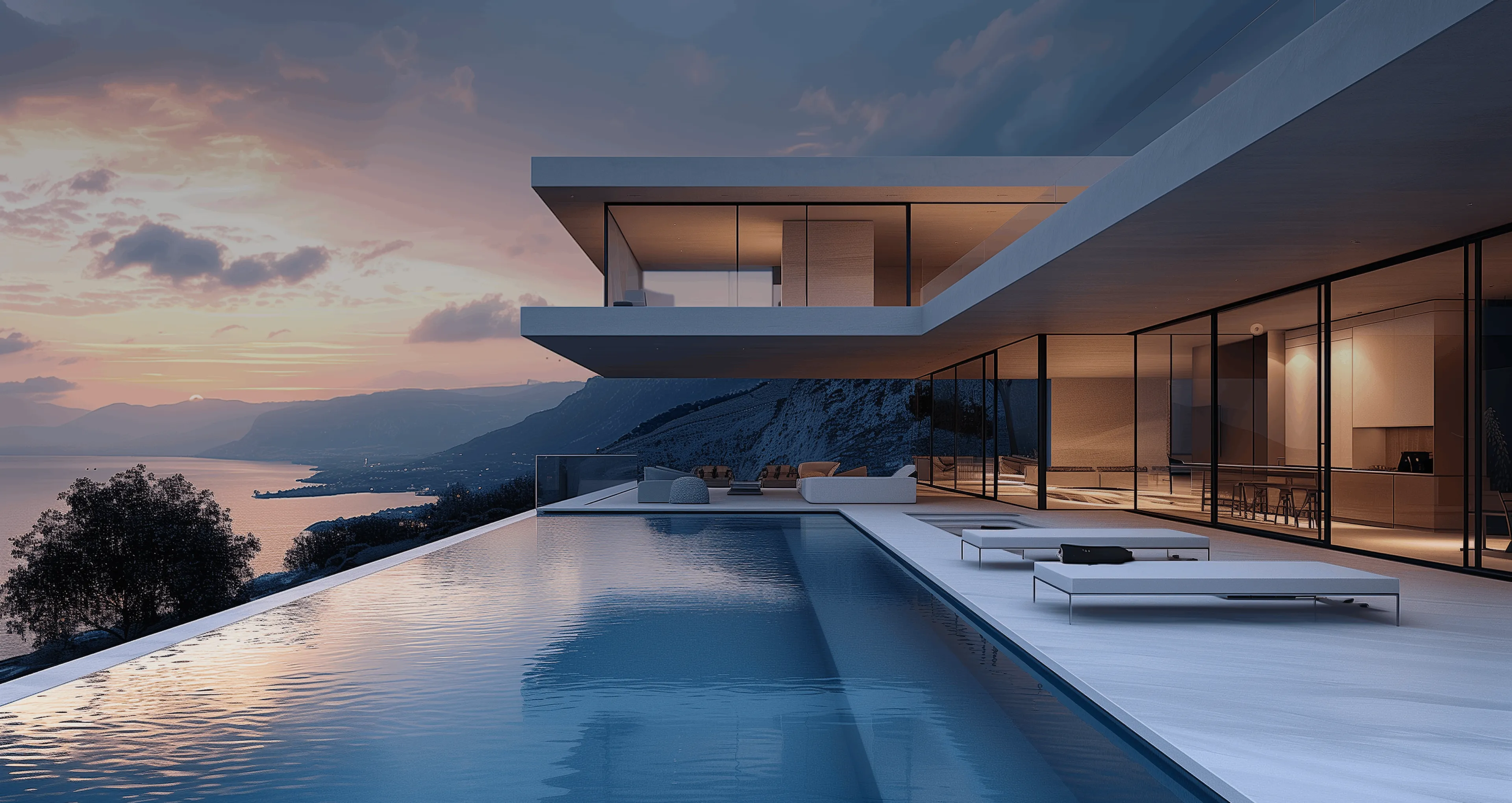 Modern hillside home with an infinity pool at sunset