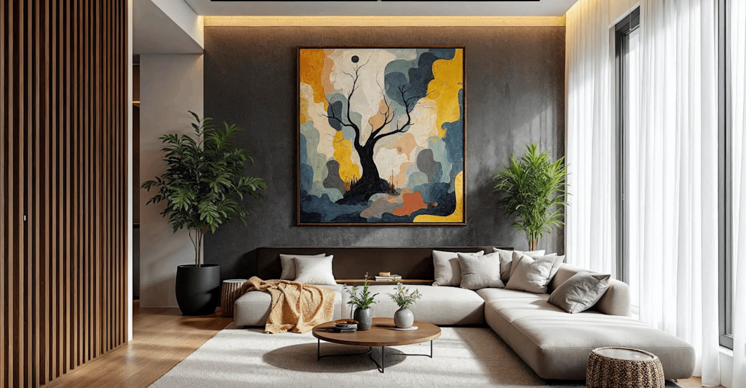 Modern living room with a sectional sofa and large tree artwork