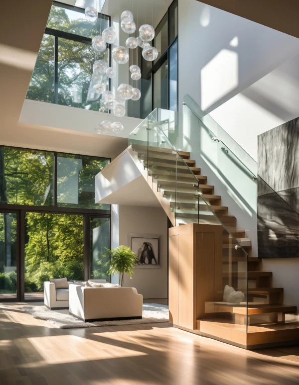 Sunlit modern living room with a glass-railed staircase
