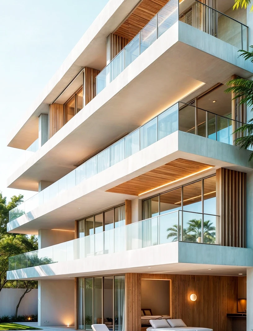 Modern multi-story home with glass balconies