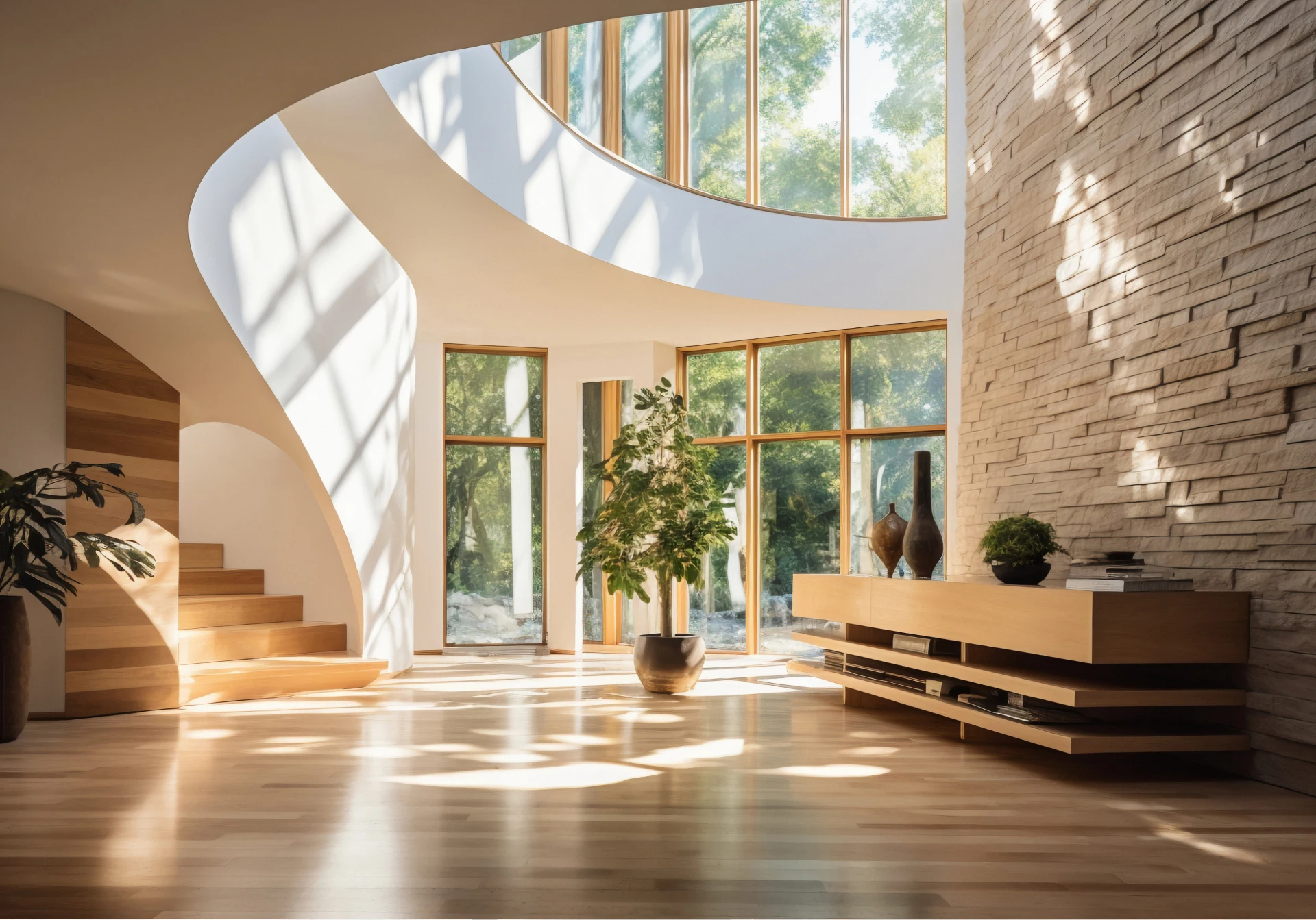 Sunlit modern interior with a curved staircase and stone wall