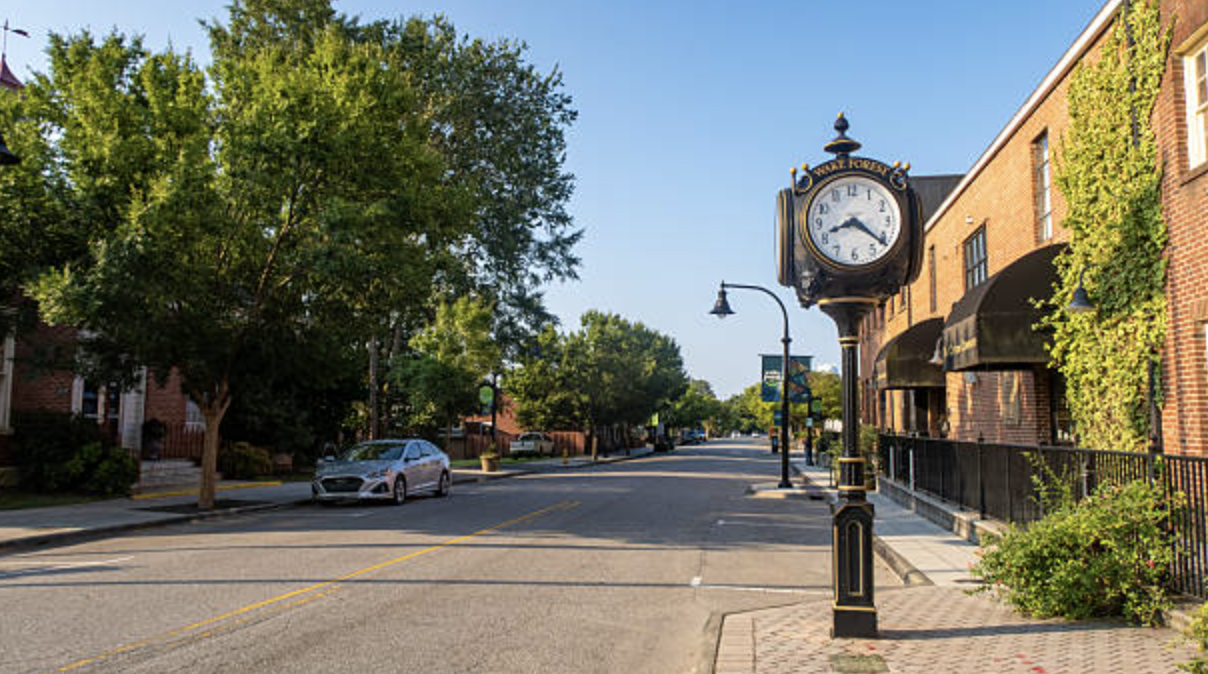 Downtown Wake Forest street and landmark clock