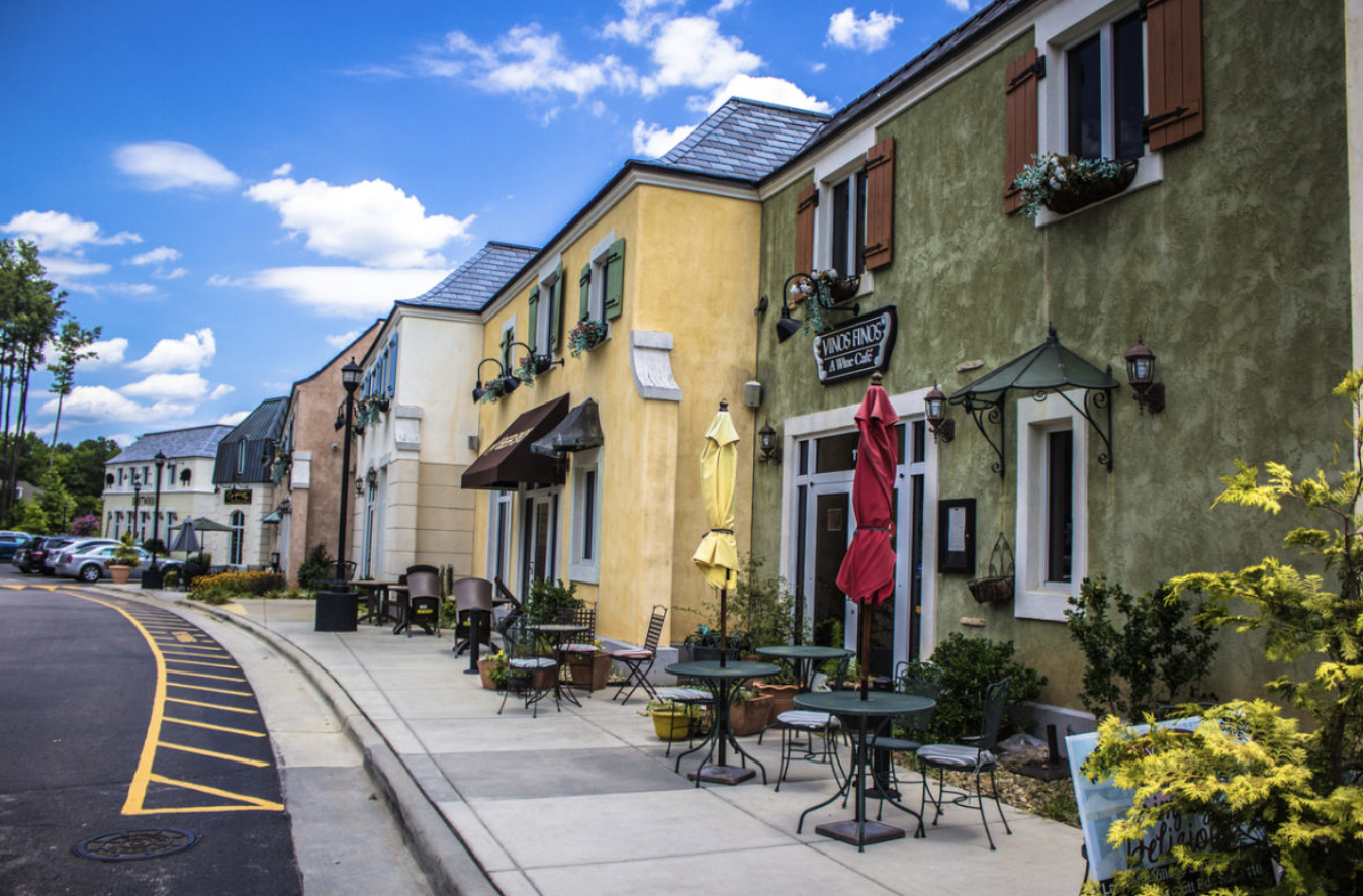 Colorful storefronts at Lafayette Village in North Raleigh