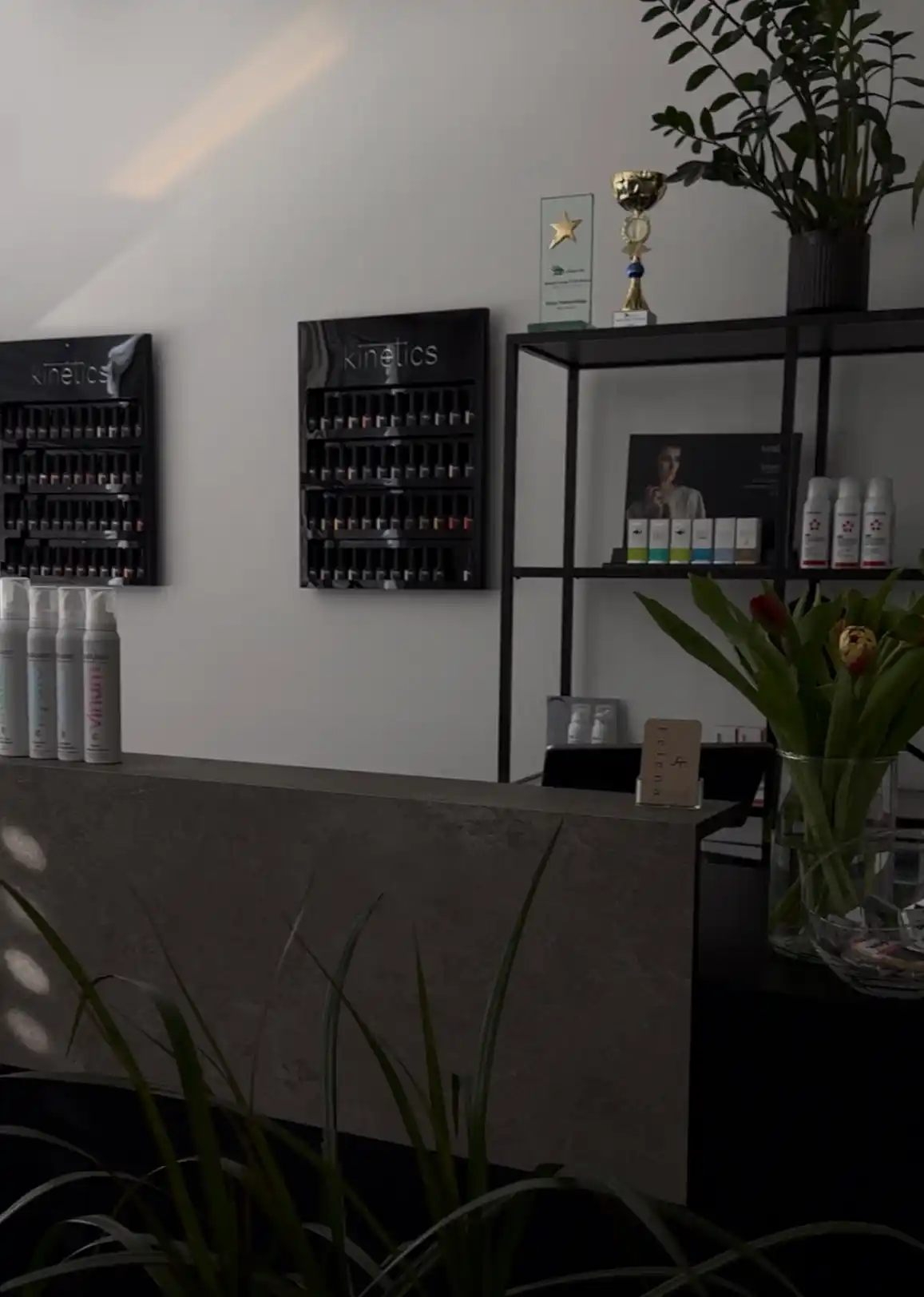 Empfangstresen im Felena Studio mit Wandregalen voller Nagellackfarben und Auszeichnung