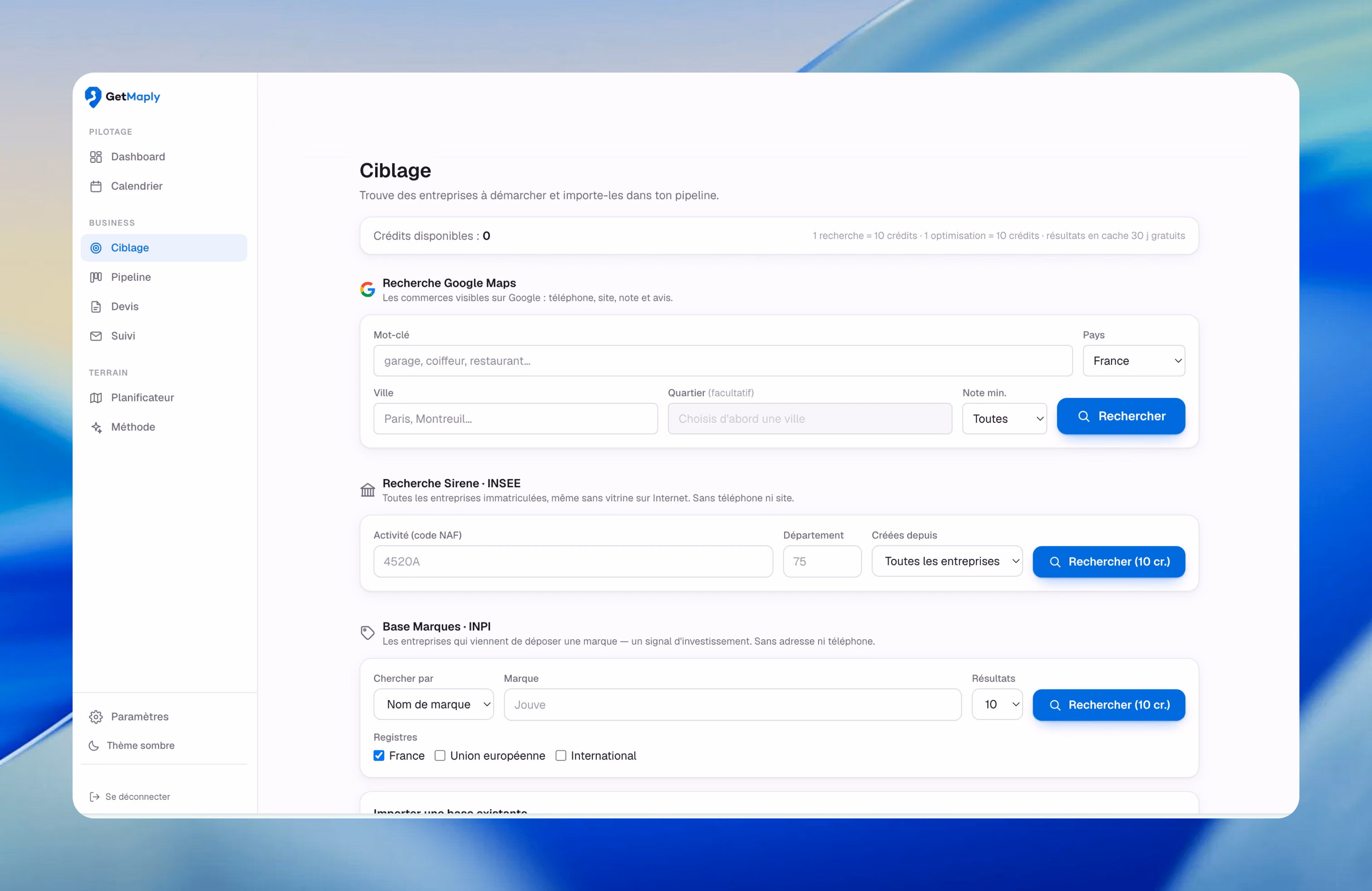 Web interface of GetMaply showing a business targeting tool with search options including Google Maps keywords, Sirene INSEE activity codes, and INPI brand database filters, along with region and country selectors, and blue search buttons.