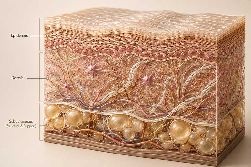 5-panel skin cross-section: Surface, Dermis, Support, Muscle, Fascia