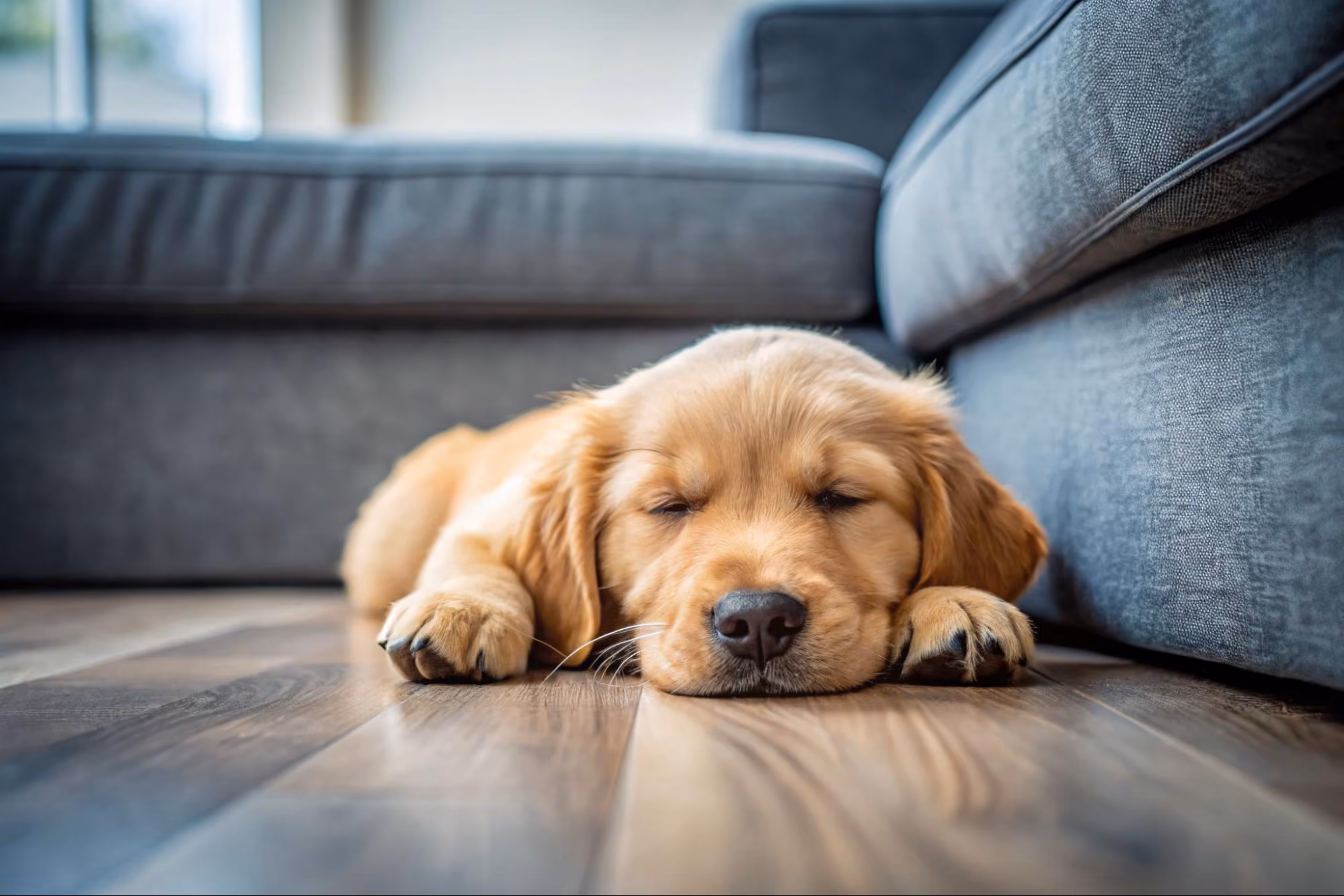 Golden retriever puppy resting on the floor beside a gray sofa