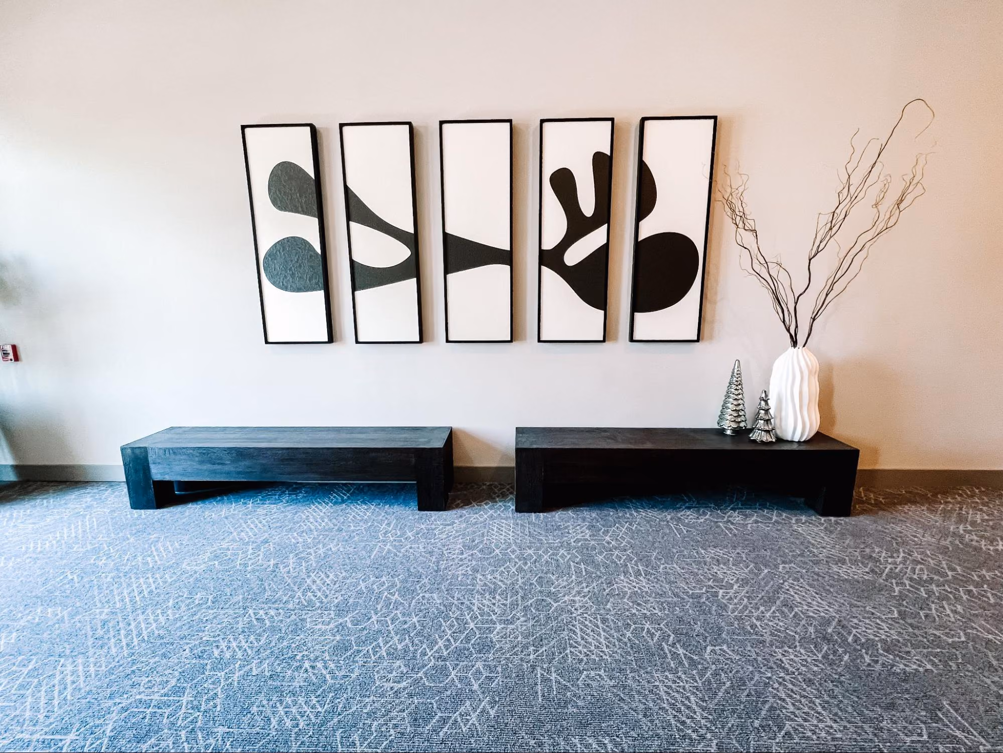 Modern living room with a gray sofa, wall art and an area rug