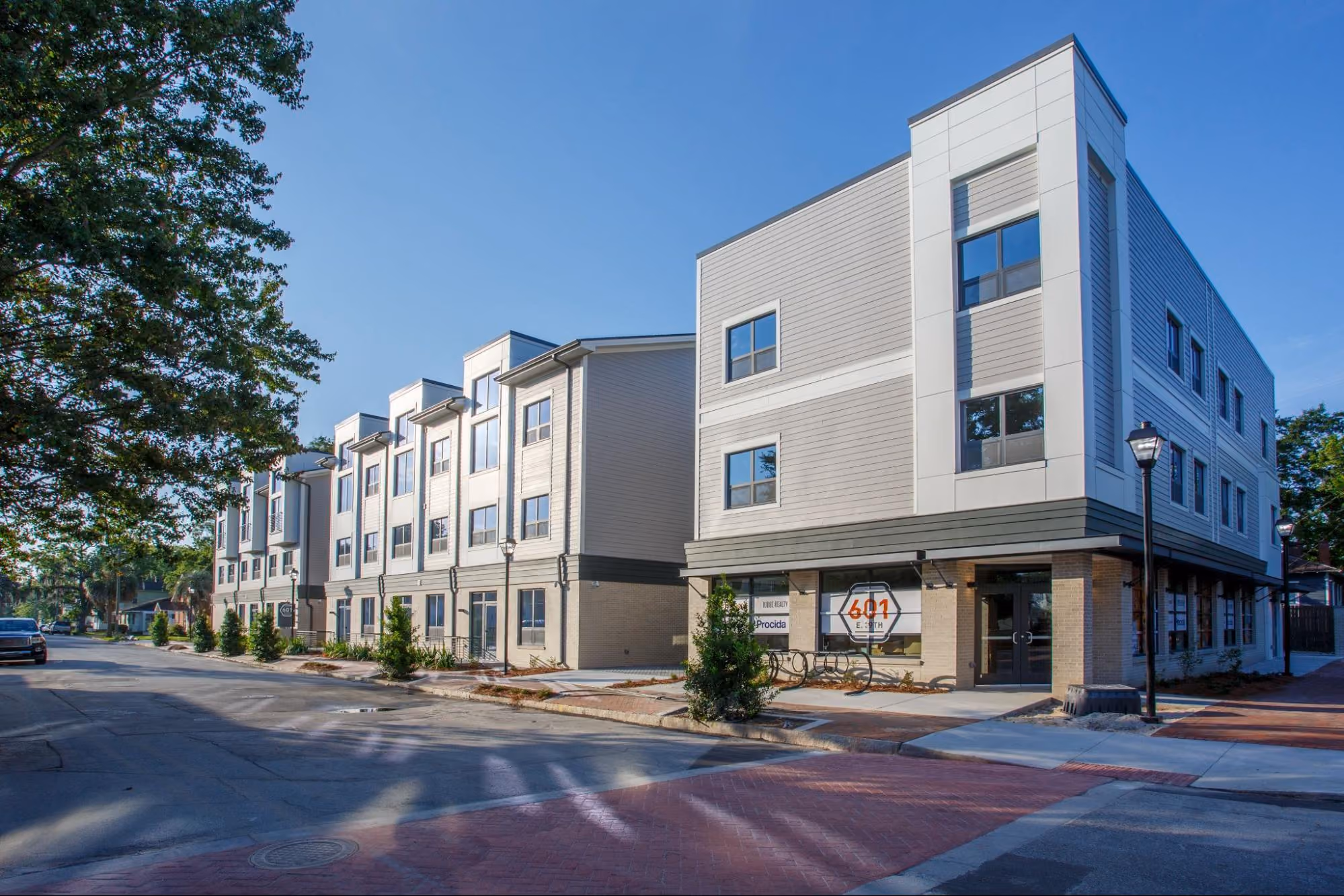Exterior of a multi-family townhouse-style apartment building