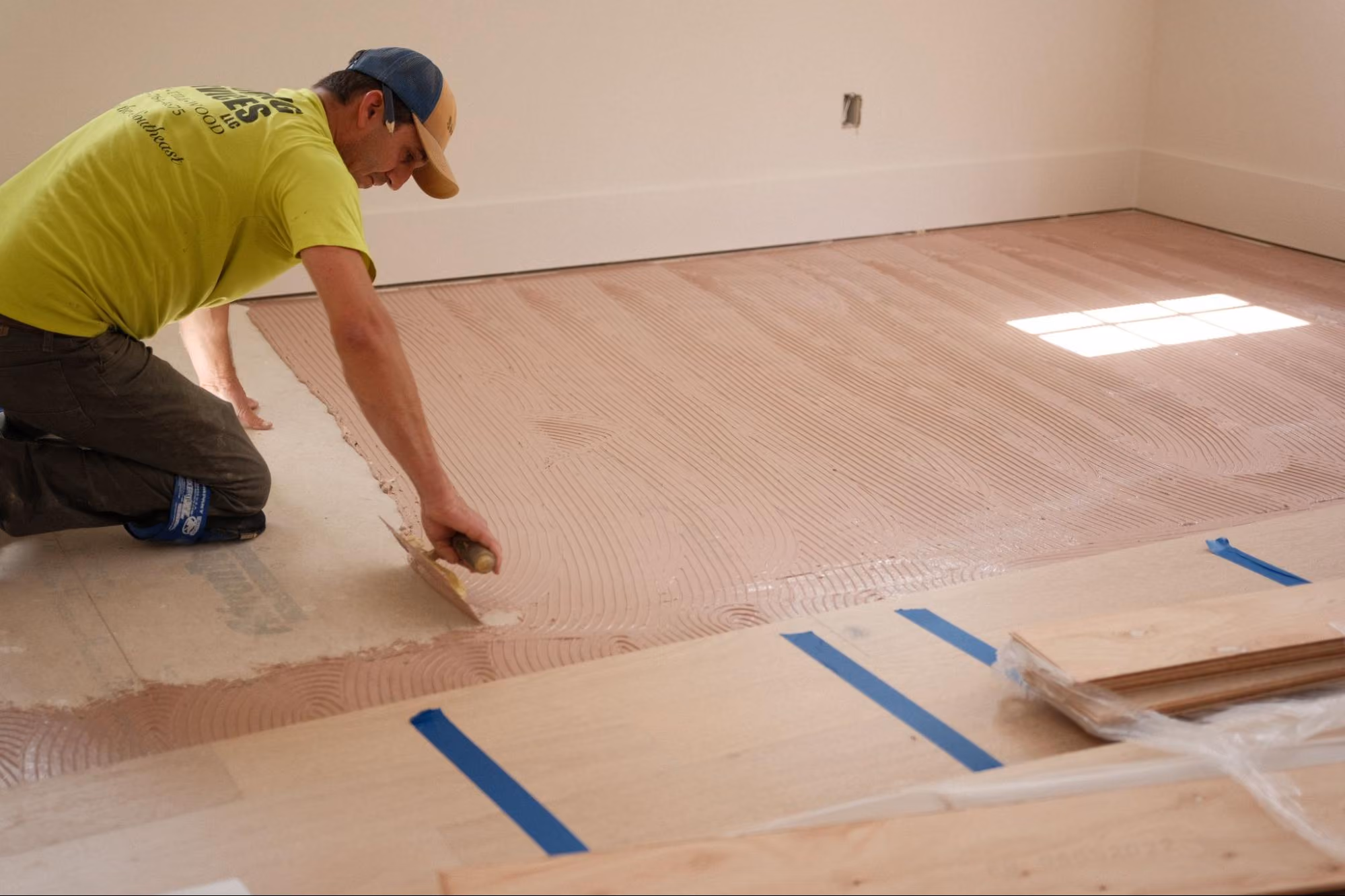 Flooring installer applying adhesive to a subfloor before installing wood planks
