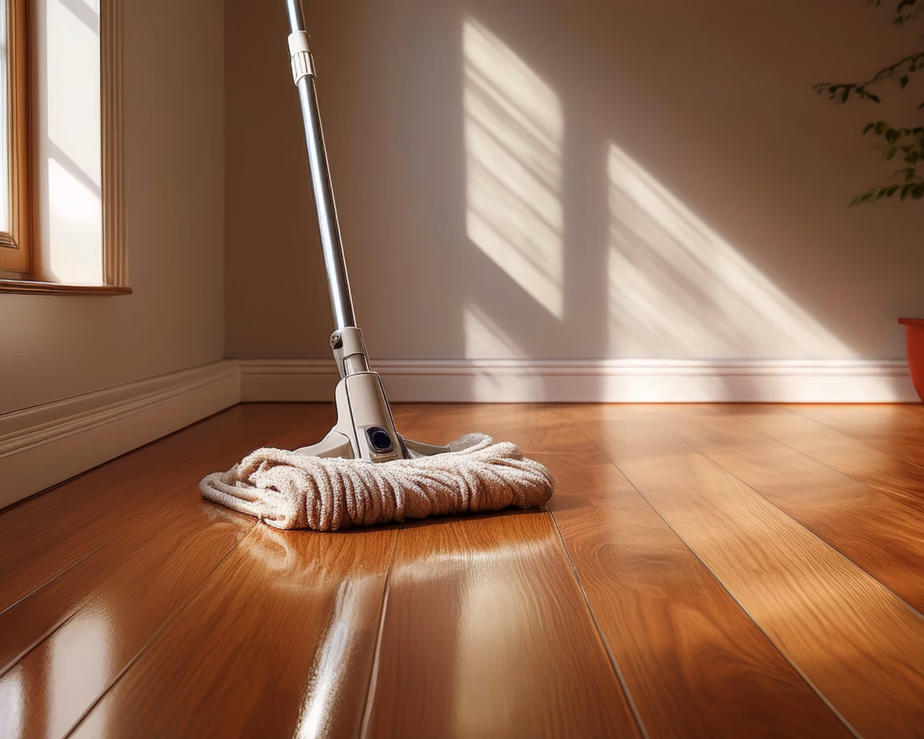 Mop resting on a sunlit hardwood floor