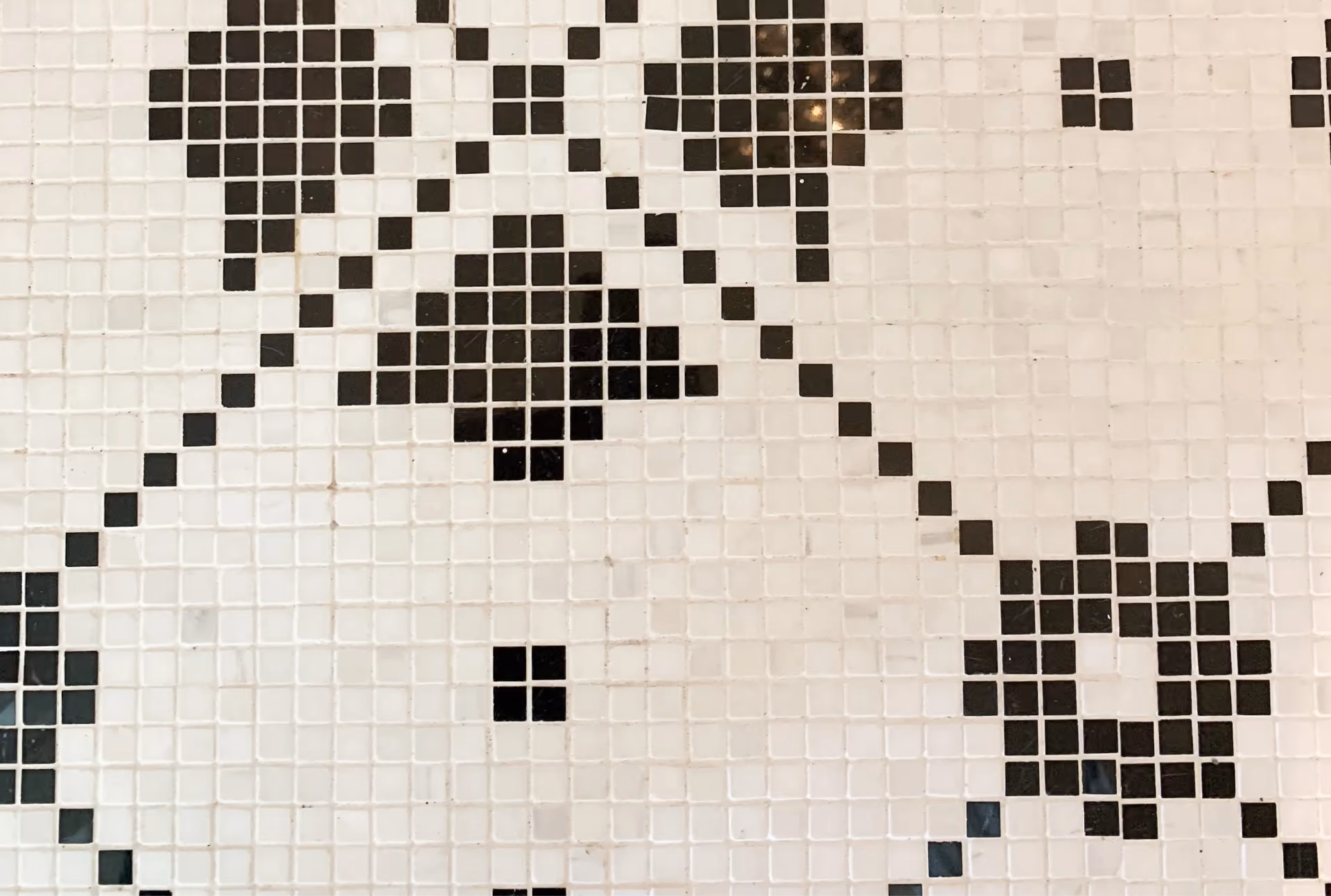 Close-up of a black and white mosaic exterior tile pattern