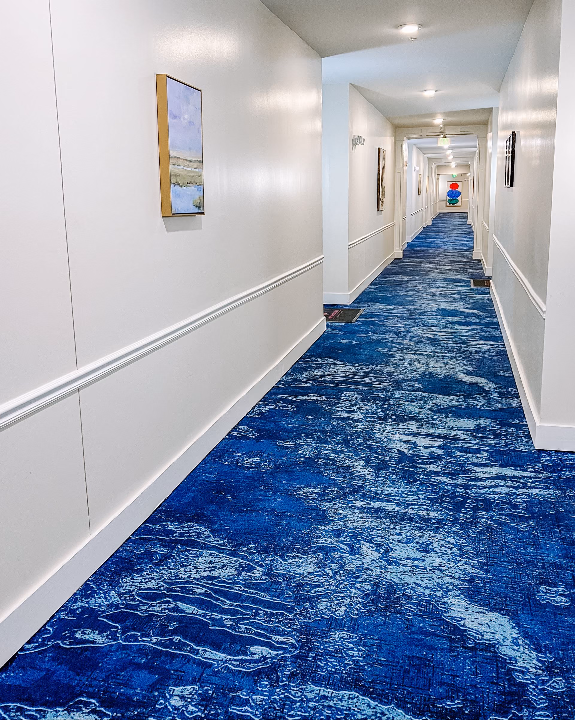 Long hallway with blue patterned commercial carpet