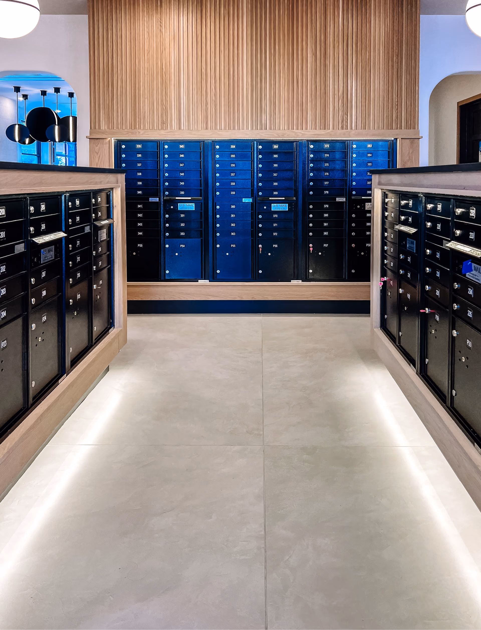 Package locker room with polished tile flooring