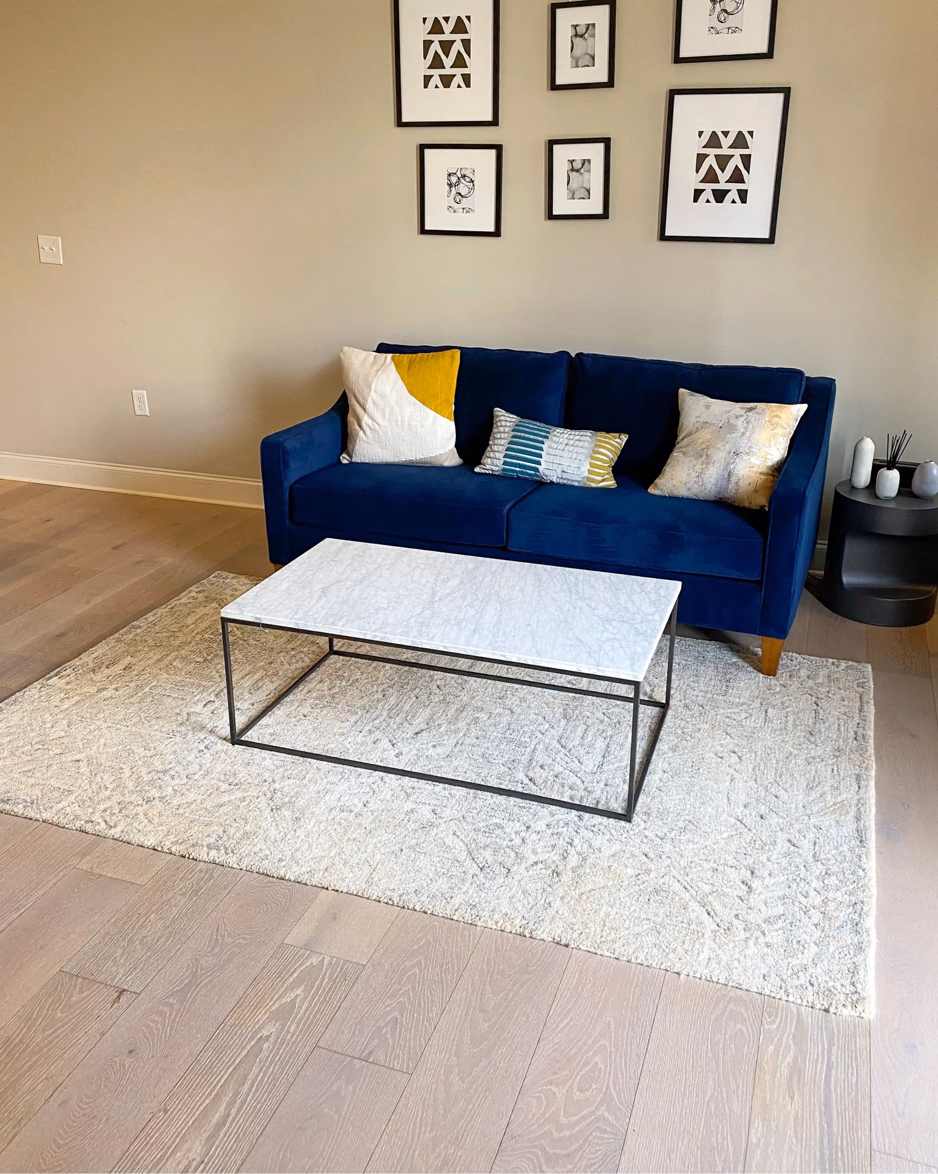 Student apartment living room with a navy sofa and light gray flooring