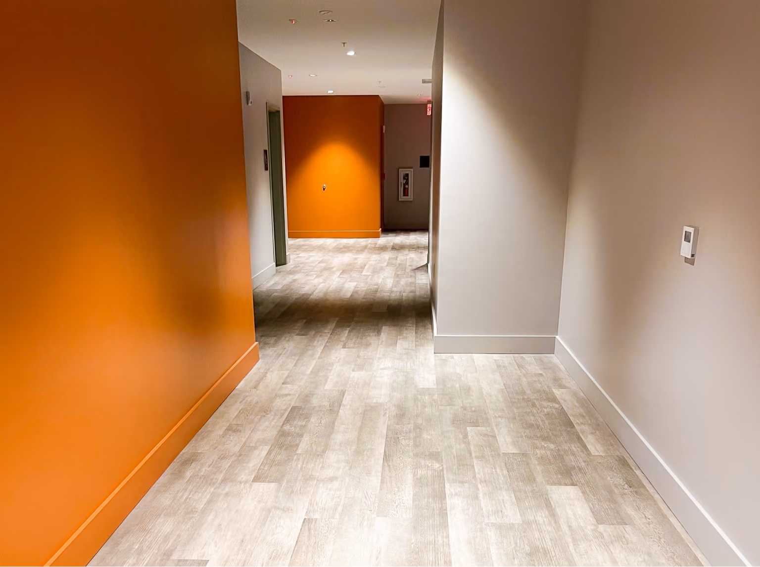Office hallway with a bold orange accent wall and light wood-look flooring