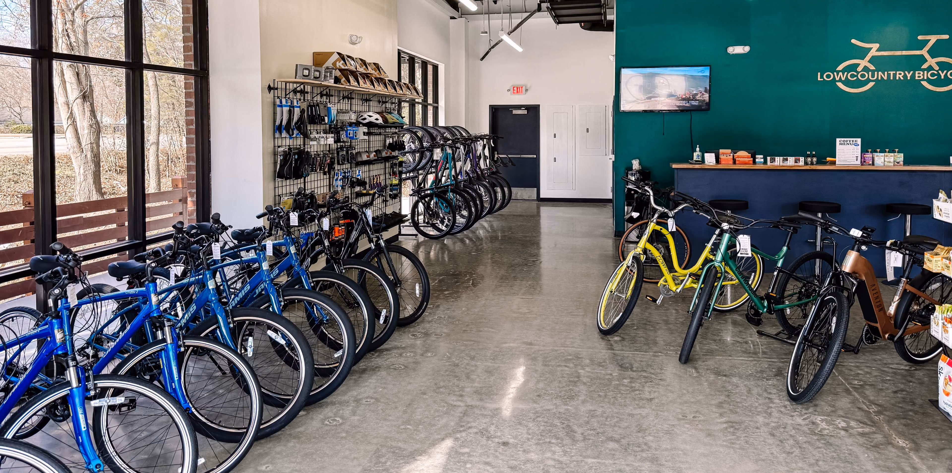 Commercial retail space with bicycle displays and polished terrazzo-look flooring