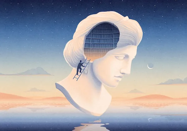 A giant classical bust with a library inside its head and a man climbing a ladder into it under a starry sky.