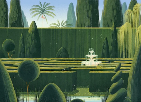 Stylized green garden maze with tall trees and a central white fountain under a blue sky.