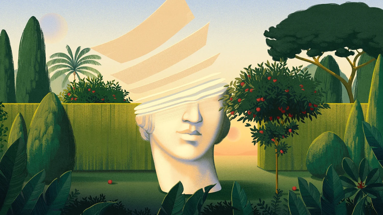 Surreal garden scene with a bust of a classical statue whose eyes are replaced by floating book pages.