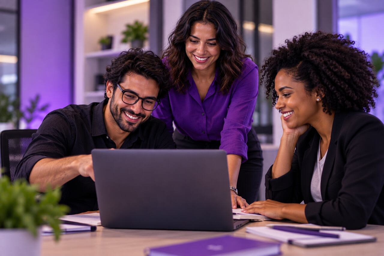 Três pessoas em escritório, sorridentes com BPO financeiro