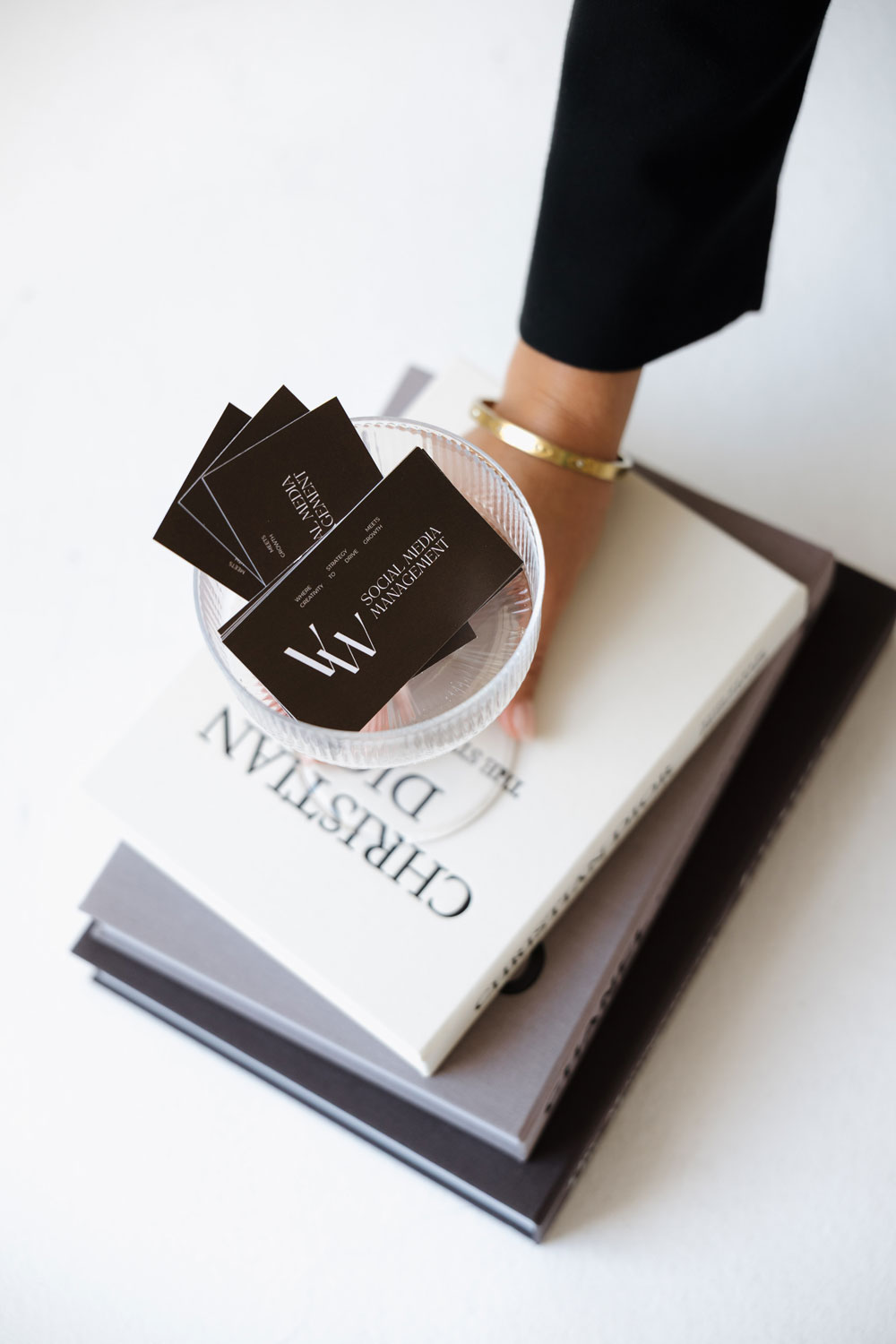 VW Social Media Management branded business cards displayed with editorial-inspired styling