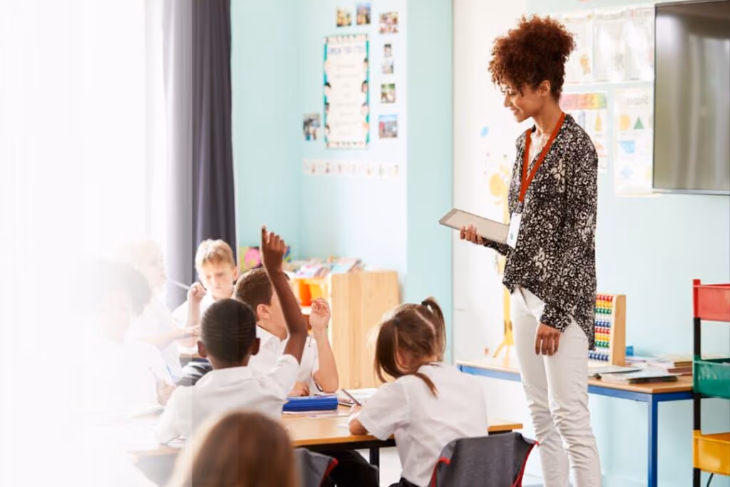 Black Female Teacher standing class Badge