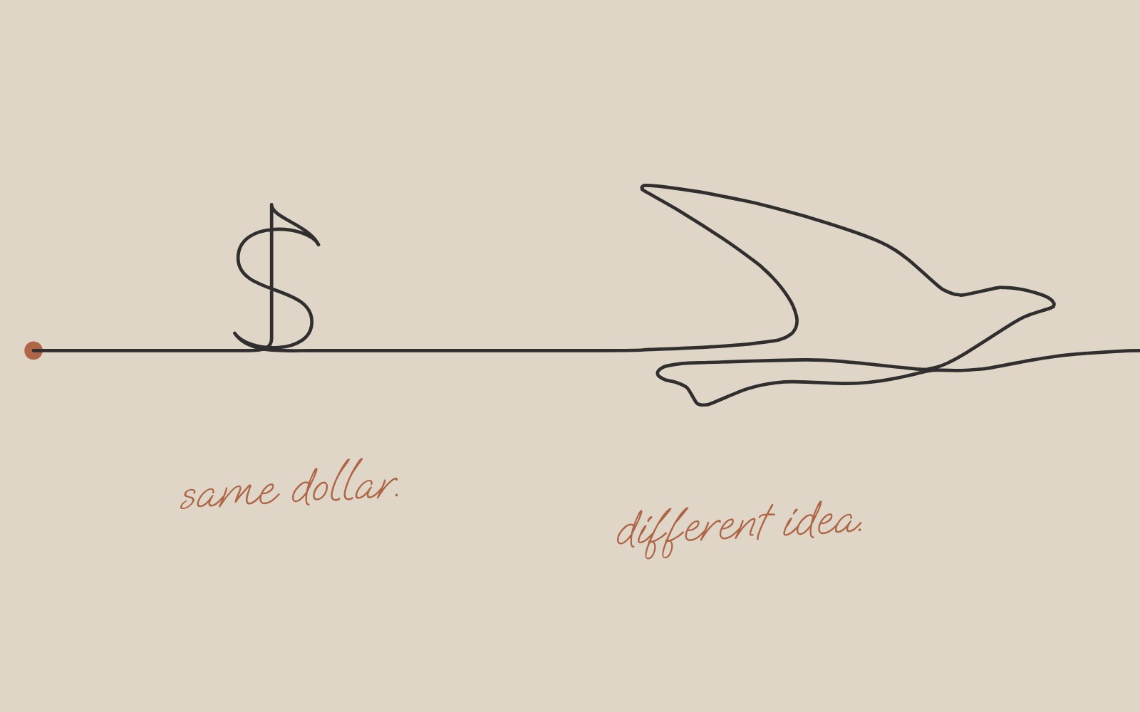 A single continuous line that draws a dollar sign, then rises into a bird in flight, with handwritten notes: same dollar, different idea.