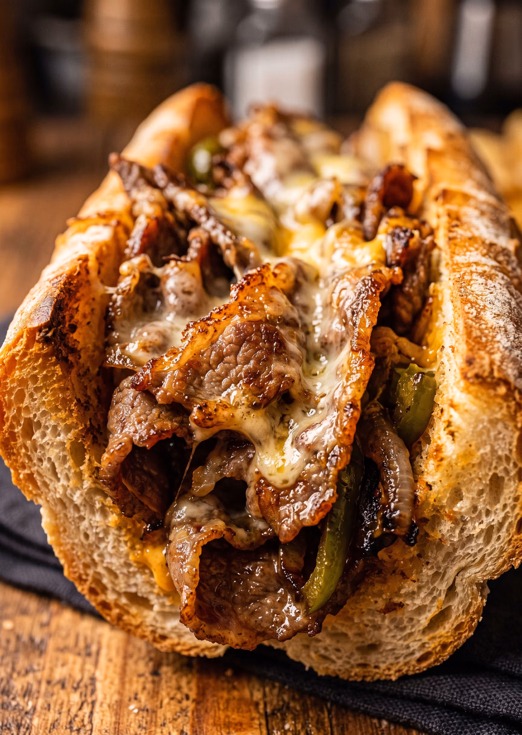 Close-up of a cheesesteak sandwich with melted cheese, grilled beef, and green peppers in a toasted hoagie roll.