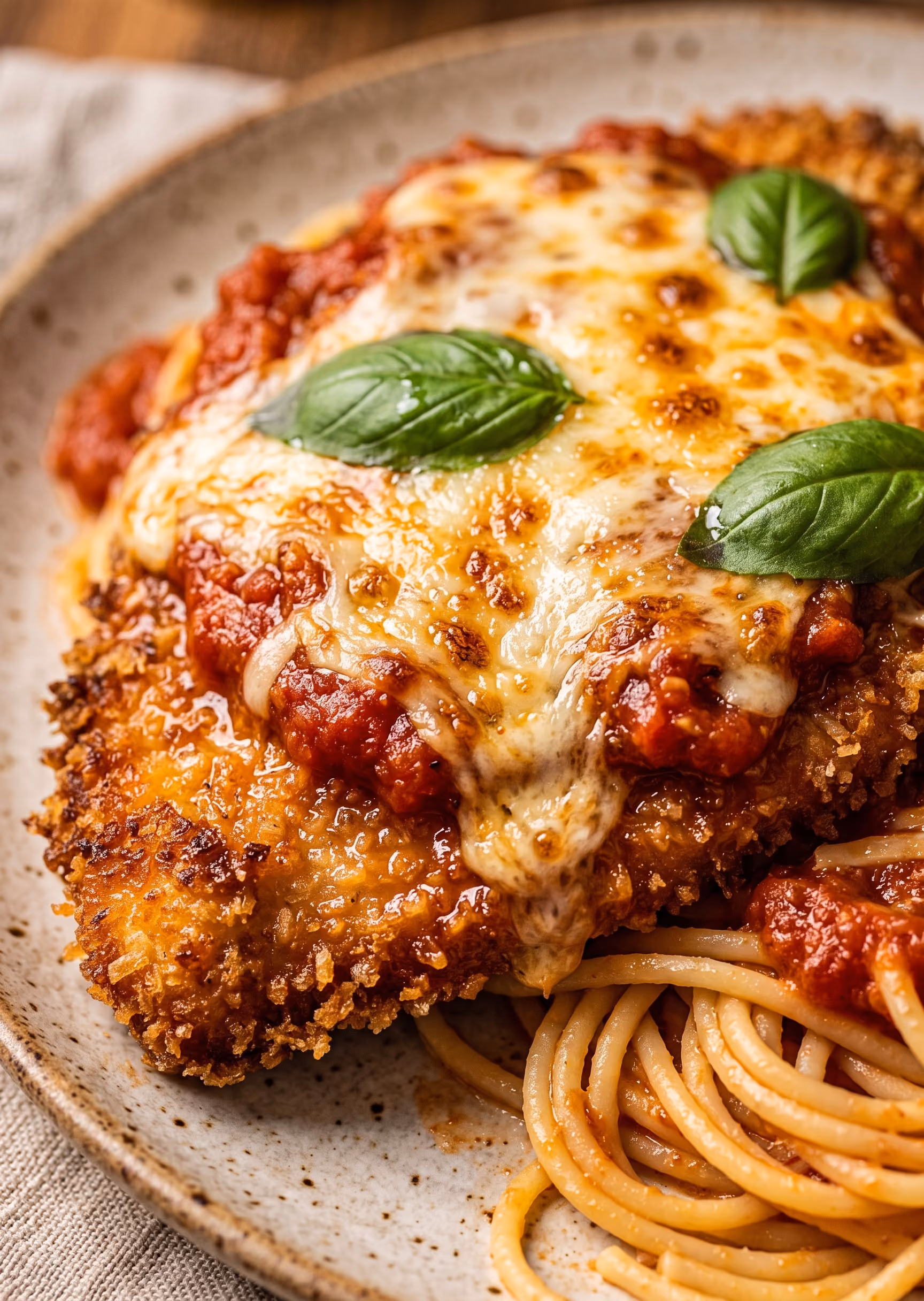Plate of chicken parmesan with melted cheese, tomato sauce, basil leaves, and spaghetti pasta.
